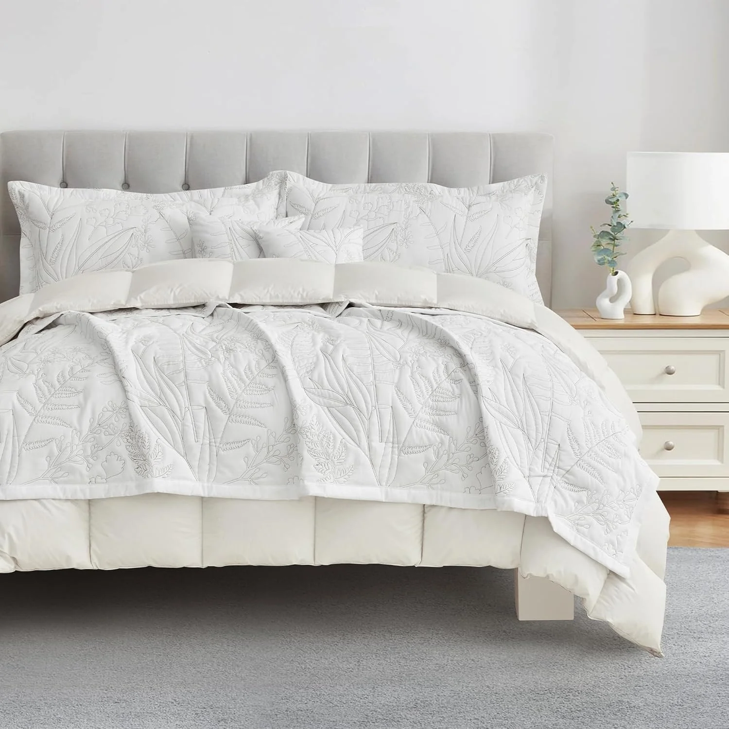 روتختی لحاف دار طرح گیاهی HZ & HY سایز بزرگ کوئین، ست لحاف طرح برگ، روکش تخت خواب شیک و با طراوت، دو رو، ست 5 تکه سبک وزن، سفید