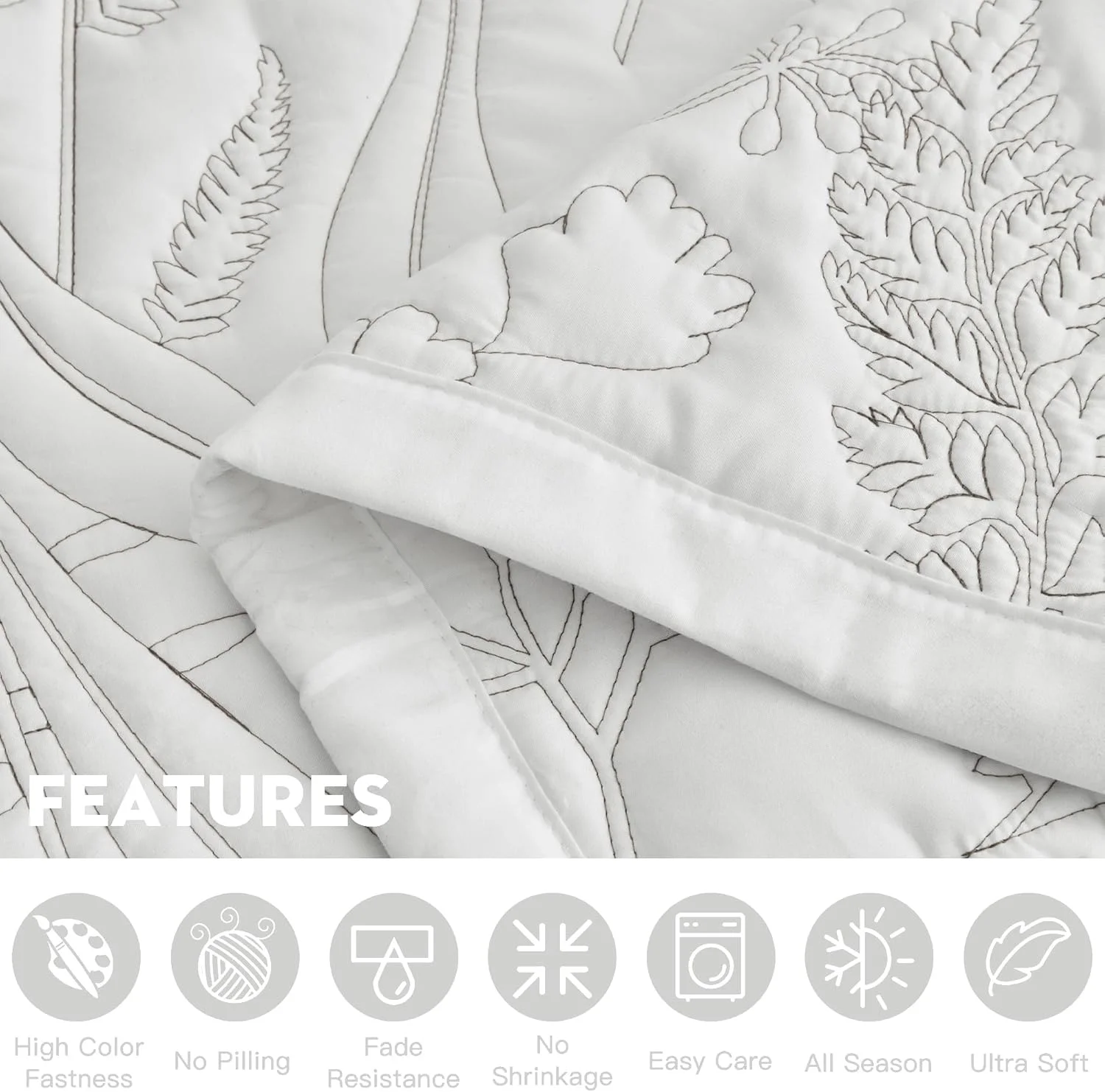 روتختی لحاف دار طرح گیاهی HZ & HY سایز بزرگ کوئین، ست لحاف طرح برگ، روکش تخت خواب شیک و با طراوت، دو رو، ست 5 تکه سبک وزن، سفید