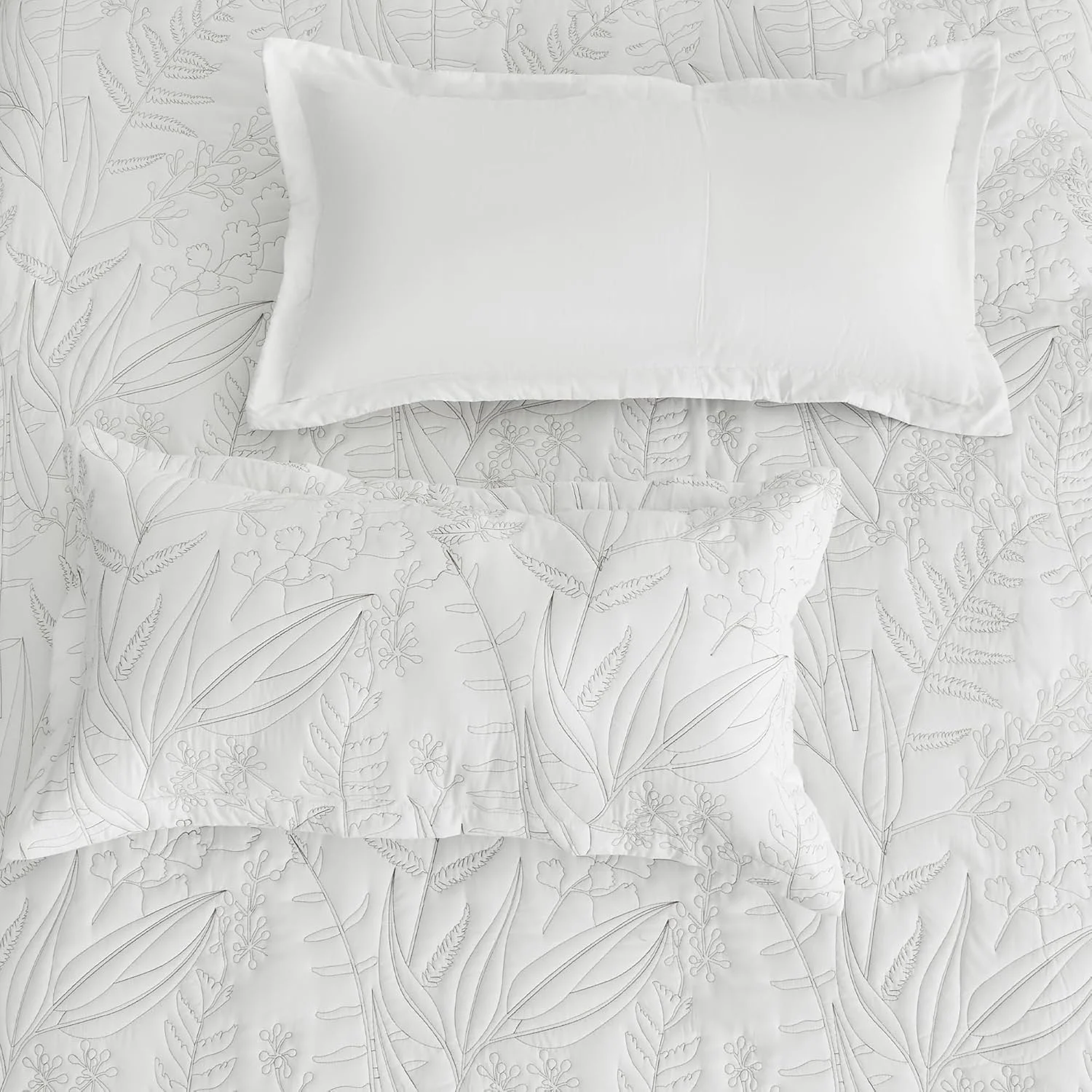 روتختی لحاف دار طرح گیاهی HZ & HY سایز بزرگ کوئین، ست لحاف طرح برگ، روکش تخت خواب شیک و با طراوت، دو رو، ست 5 تکه سبک وزن، سفید