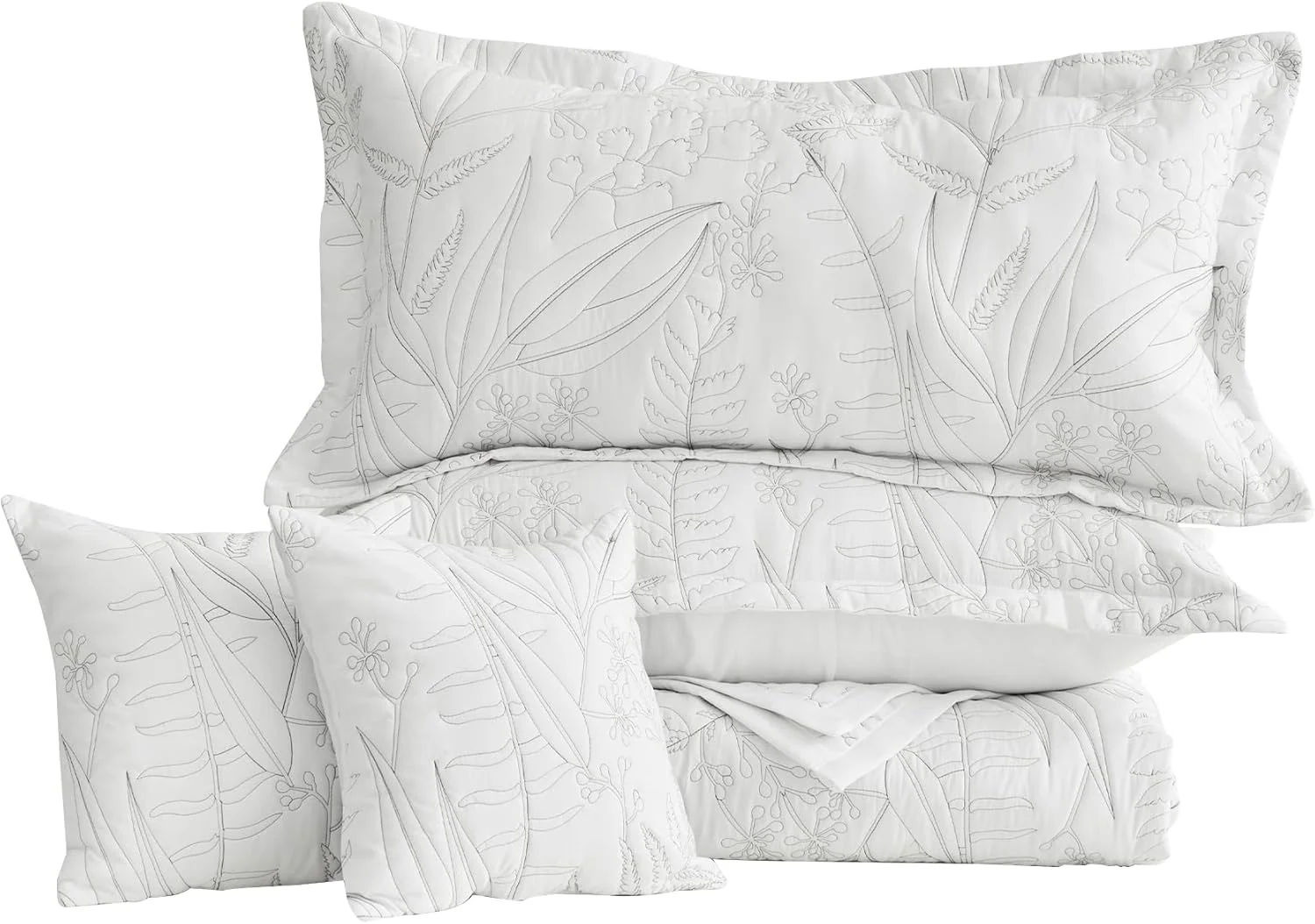روتختی لحاف دار طرح گیاهی HZ & HY سایز بزرگ کوئین، ست لحاف طرح برگ، روکش تخت خواب شیک و با طراوت، دو رو، ست 5 تکه سبک وزن، سفید