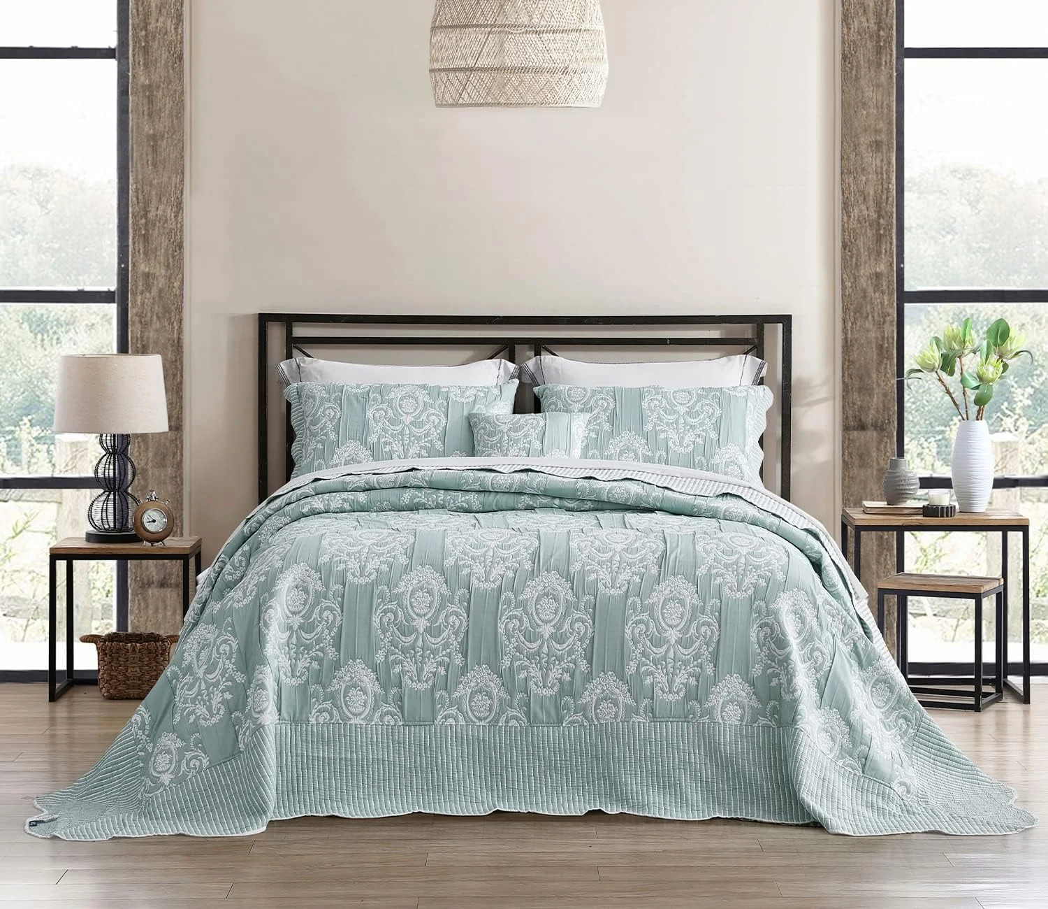 روتختی بزرگ کوئین HZ & HY، طرح ژاکارد ماتلاس دمشقی، سبک وزن، دو رو، 5 تکه، 100% میکروفایبر، کوئین، سبز