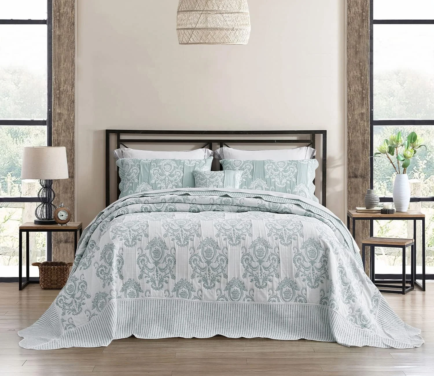 روتختی بزرگ کوئین HZ & HY، طرح ژاکارد ماتلاس دمشقی، سبک وزن، دو رو، 5 تکه، 100% میکروفایبر، کوئین، سبز