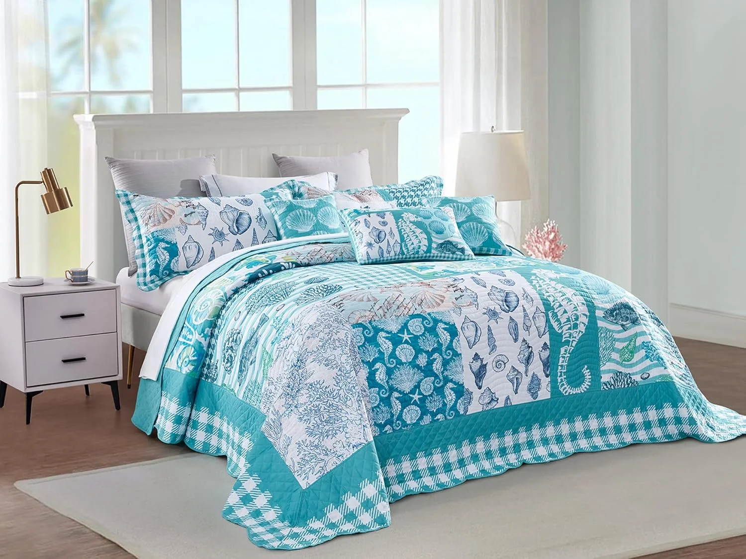 روتختی کینگ سایز بزرگ HZ&HY طرح ساحلی 325x305 فوق العاده عریض، لحاف سبک وزن طرح دریایی، دوخت واقعی، دو رو، 6 تکه، 100% میکروفایبر، کینگ/کال کینگ، طرح اسب دریایی