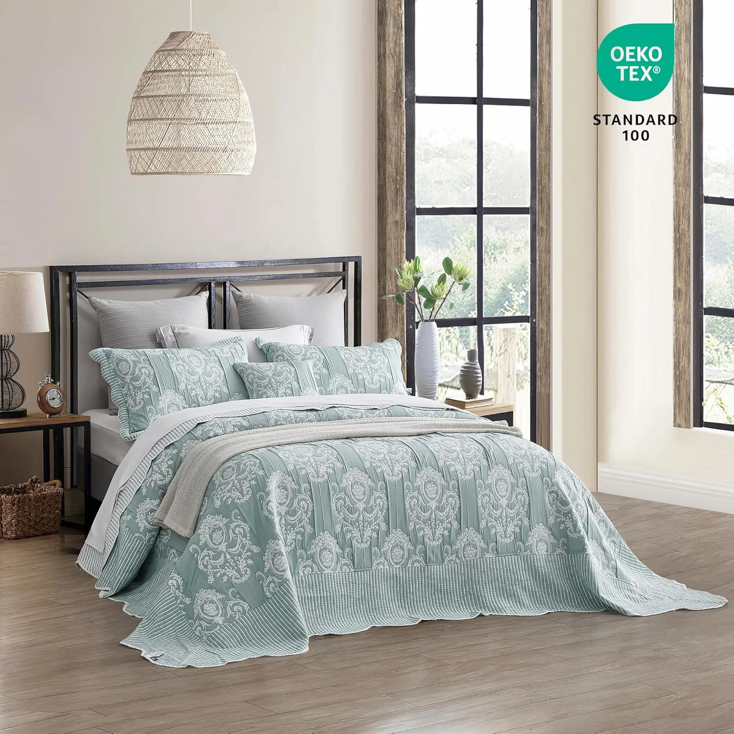 روتختی بزرگ کوئین HZ & HY، طرح ژاکارد ماتلاس دمشقی، سبک وزن، دو رو، 5 تکه، 100% میکروفایبر، کوئین، سبز