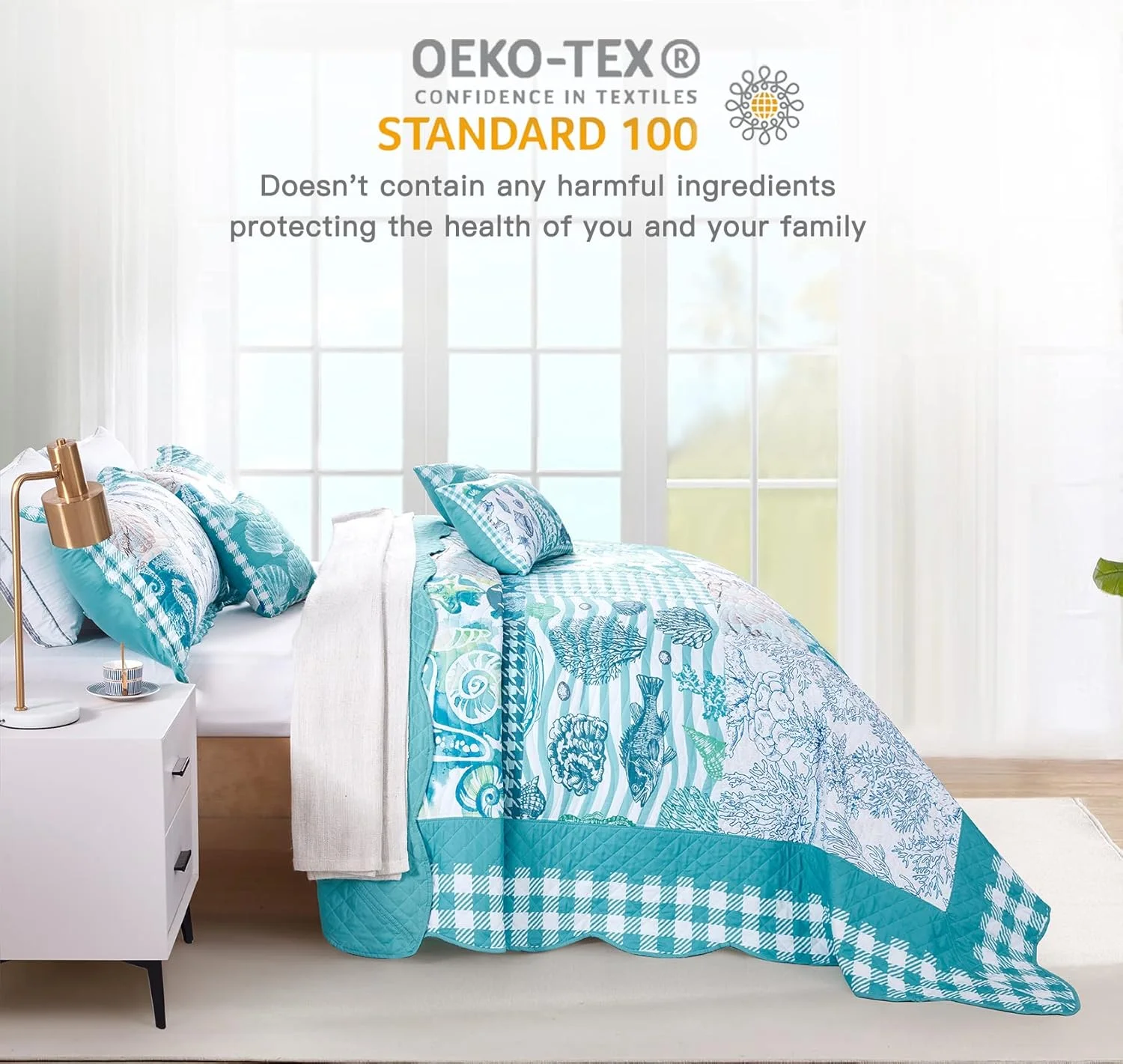 روتختی کینگ سایز بزرگ HZ&HY طرح ساحلی 325x305 فوق العاده عریض، لحاف سبک وزن طرح دریایی، دوخت واقعی، دو رو، 6 تکه، 100% میکروفایبر، کینگ/کال کینگ، طرح اسب دریایی