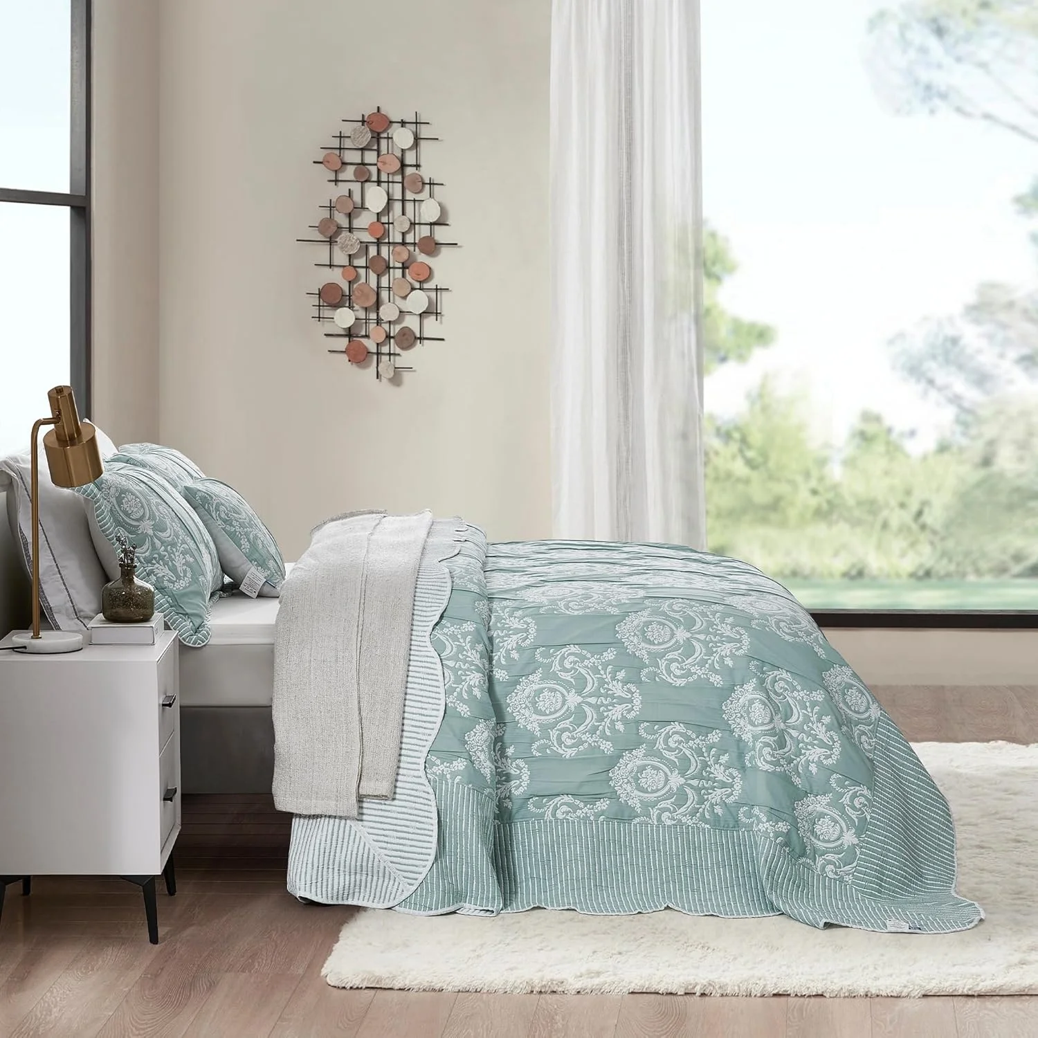 روتختی بزرگ کوئین HZ & HY، طرح ژاکارد ماتلاس دمشقی، سبک وزن، دو رو، 5 تکه، 100% میکروفایبر، کوئین، سبز