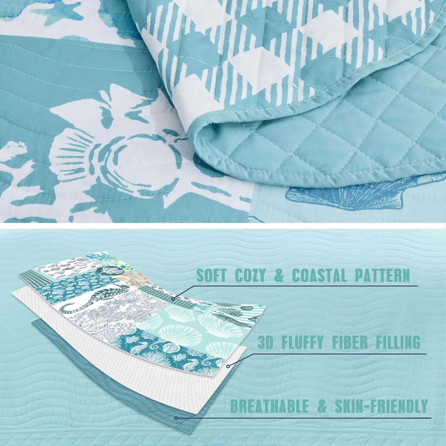 روتختی کینگ سایز بزرگ HZ&HY طرح ساحلی 325x305 فوق العاده عریض، لحاف سبک وزن طرح دریایی، دوخت واقعی، دو رو، 6 تکه، 100% میکروفایبر، کینگ/کال کینگ، طرح اسب دریایی