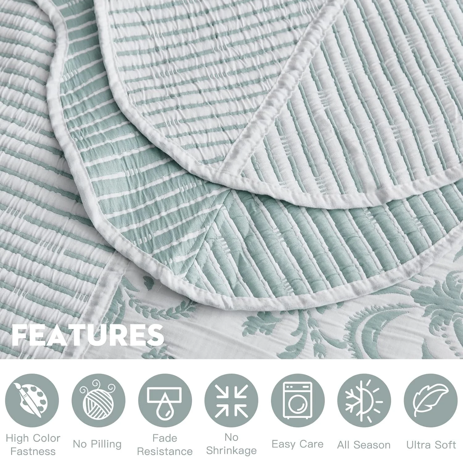 روتختی بزرگ کوئین HZ & HY، طرح ژاکارد ماتلاس دمشقی، سبک وزن، دو رو، 5 تکه، 100% میکروفایبر، کوئین، سبز