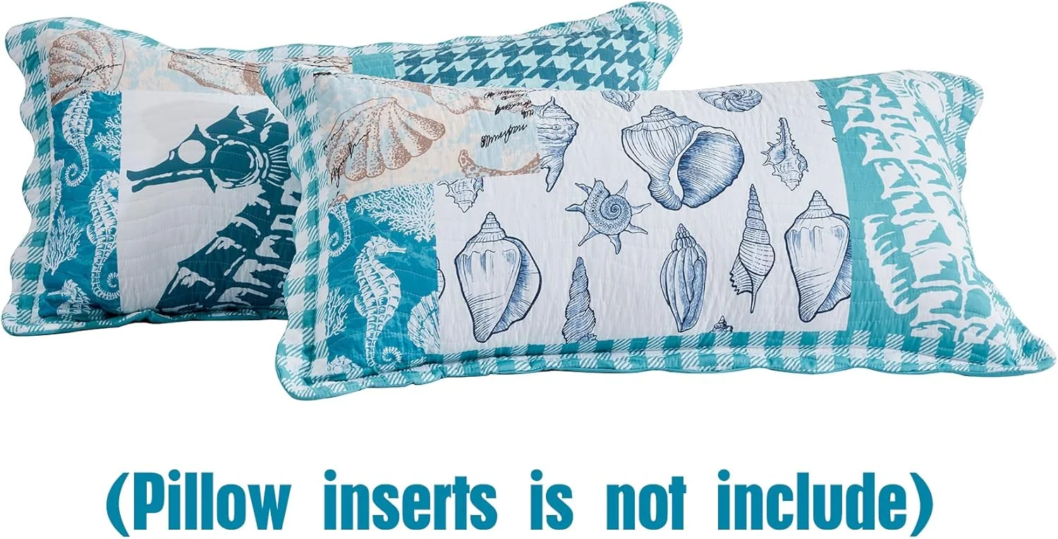 روتختی کینگ سایز بزرگ HZ&HY طرح ساحلی 325x305 فوق العاده عریض، لحاف سبک وزن طرح دریایی، دوخت واقعی، دو رو، 6 تکه، 100% میکروفایبر، کینگ/کال کینگ، طرح اسب دریایی