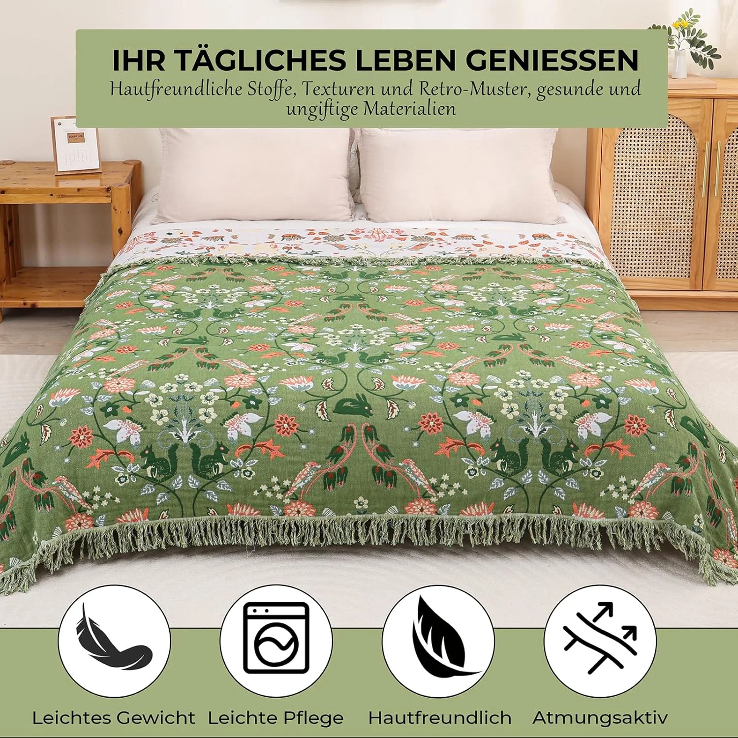 رو تختی دو طرفه نخی HOORDRY، سایز 200 در 230 سانتی متر، طرح سنجاب، پتوی تلویزیون، پتوی مبل، پتوی صندلی راحتی، روتختی، پتوی برگشت پذیر، رنگ سبز/سفید، نرم، لطیف و شیک