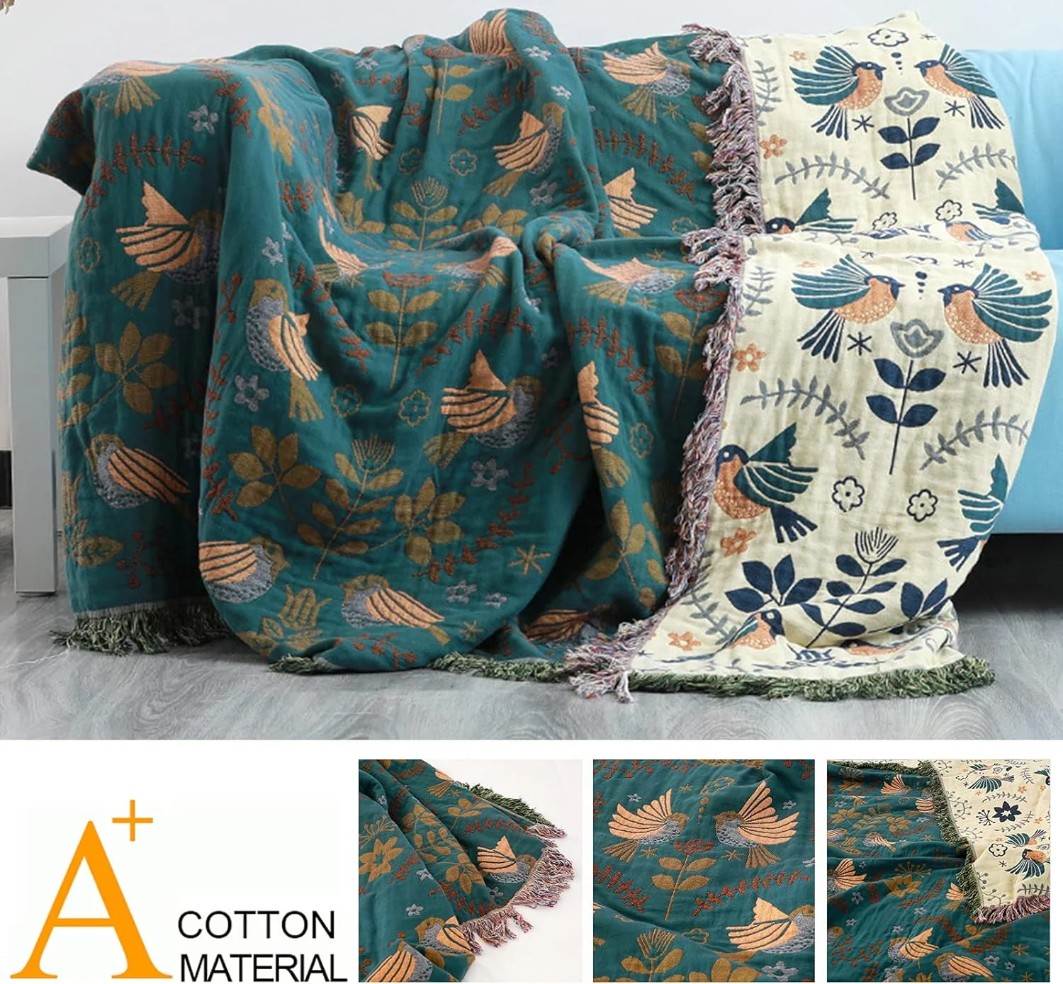 روتختی دو طرفه بوهو HOORDRY، آبی/بژ، پتوی نرم و لطیف با ریشه، روتختی نخی، 150 x 200 سانتی متر، پتوی بافتنی، طرح دار، پتوی مبل، پتوی صندلی، پتوی برگشت پذیر برای تلویزیون یا چرت زدن