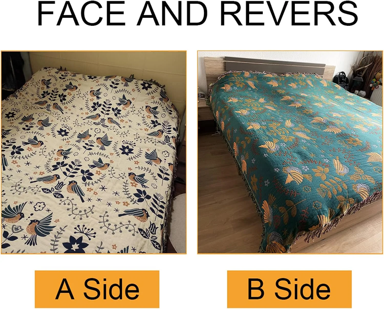 روتختی دو طرفه بوهو HOORDRY، آبی/بژ، پتوی نرم و لطیف با ریشه، روتختی نخی، 150 x 200 سانتی متر، پتوی بافتنی، طرح دار، پتوی مبل، پتوی صندلی، پتوی برگشت پذیر برای تلویزیون یا چرت زدن