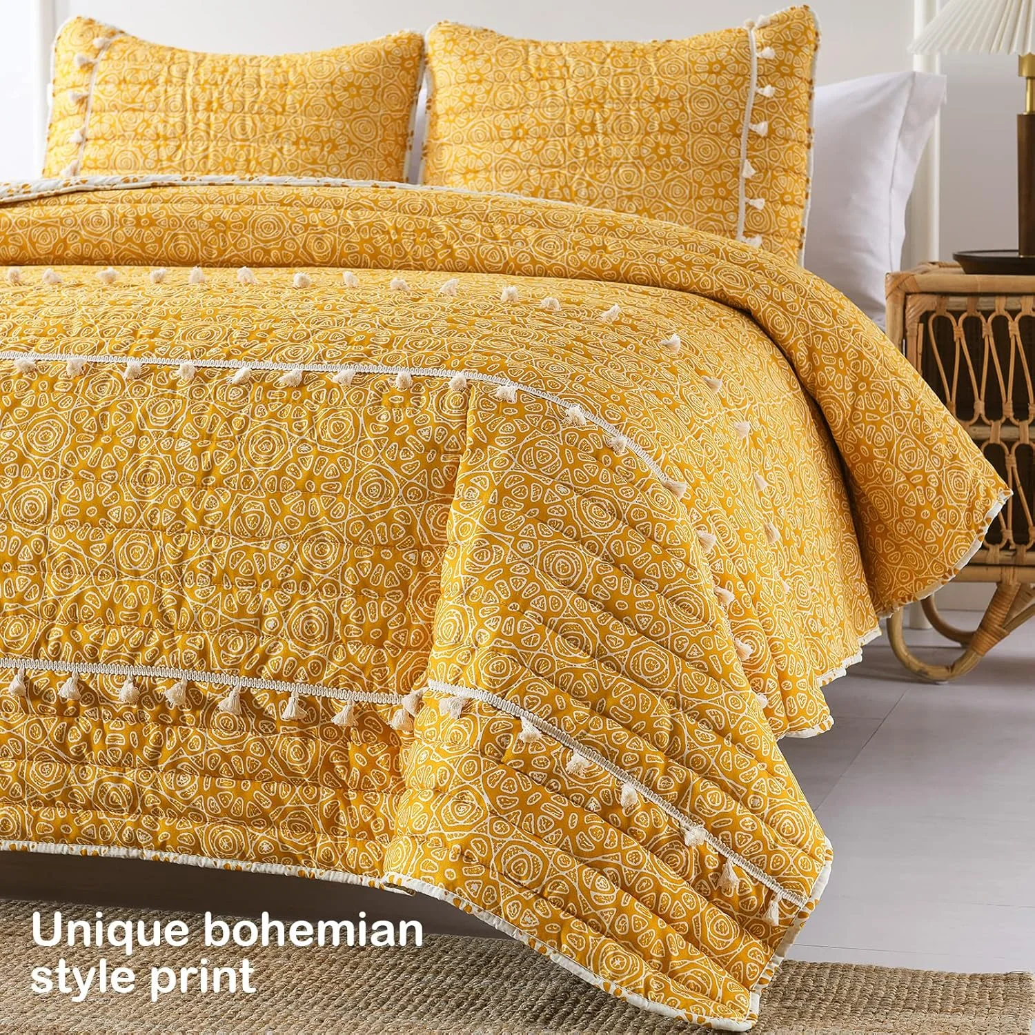 ست لحاف طرح بوهو زرد رنگ سایز کوئین هوری موته هوم با منگوله، روانداز نرم و سبک وزن مناسب تمام فصول، روانداز تخت سایز کامل با 2 روبالشتی ست (3 تکه) ست لحاف طرح بوهو زرد رنگ سایز کوئین هوری موته هوم با منگوله، روانداز نرم و سبک وزن مناسب تمام فصول، روانداز تخت سایز کامل با 2 روبالشتی ست (3 تکه)