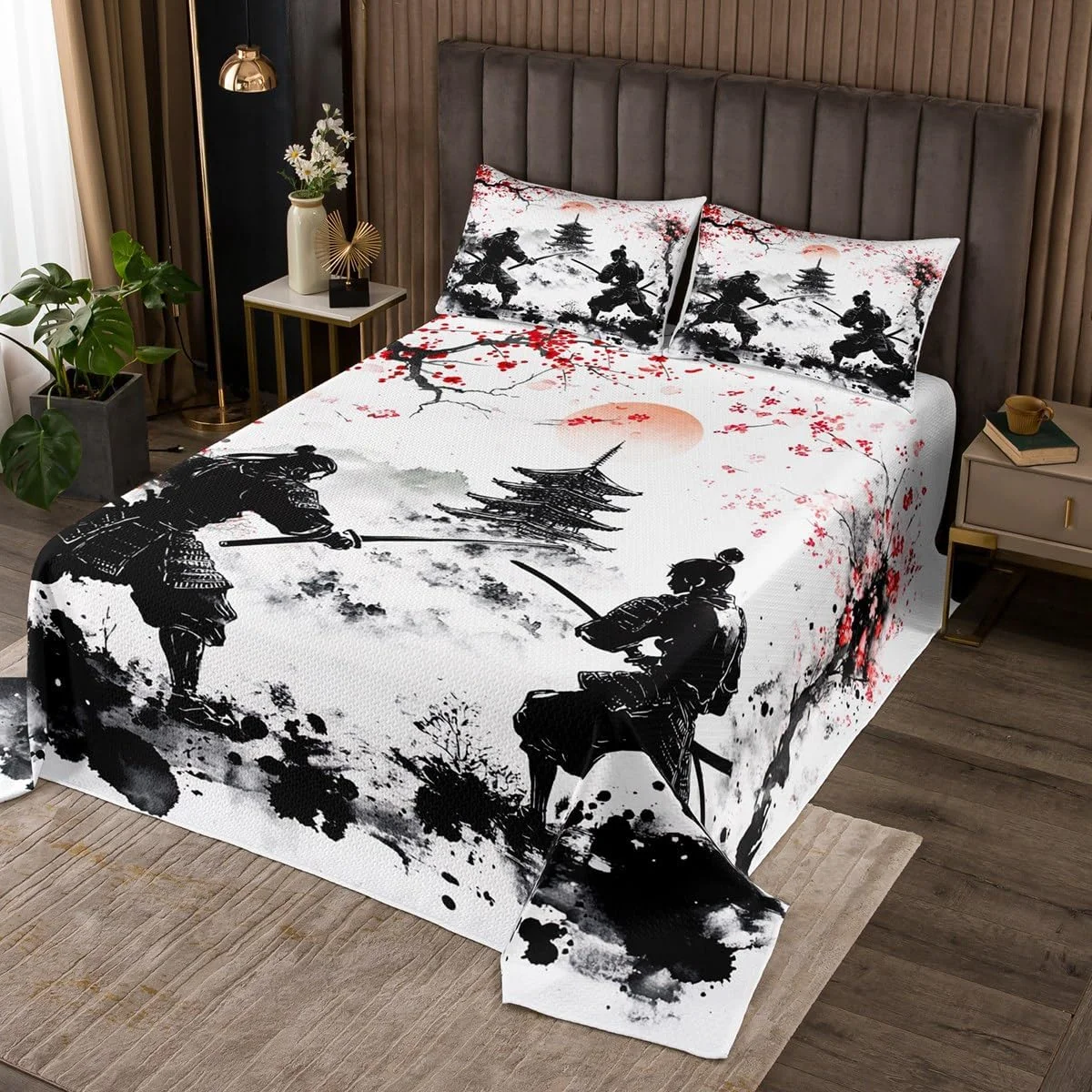 روتختی طرح سامورایی ژاپنی Homemissing، یک نفره، طرح شکوفه گیلاس، ست رو تختی لحاف دار، مناسب پسران و دختران، طرح گل ساکورا، رو تختی لحاف دار به سبک ژاپنی