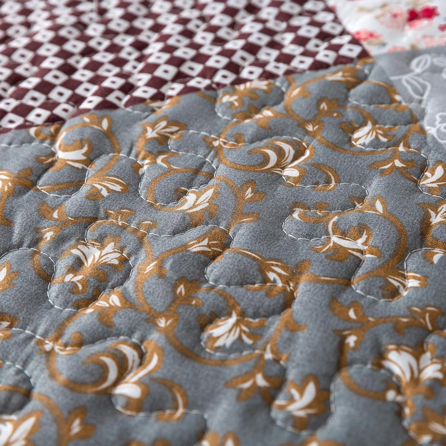 ست لحاف HoneiLife سایز کینگ - ست روتختی 3 تکه میکروفیبر دو رو، رو تختی تکه دوزی، ست ملحفه گلدار، لحاف چهار فصل - رز خاکستری