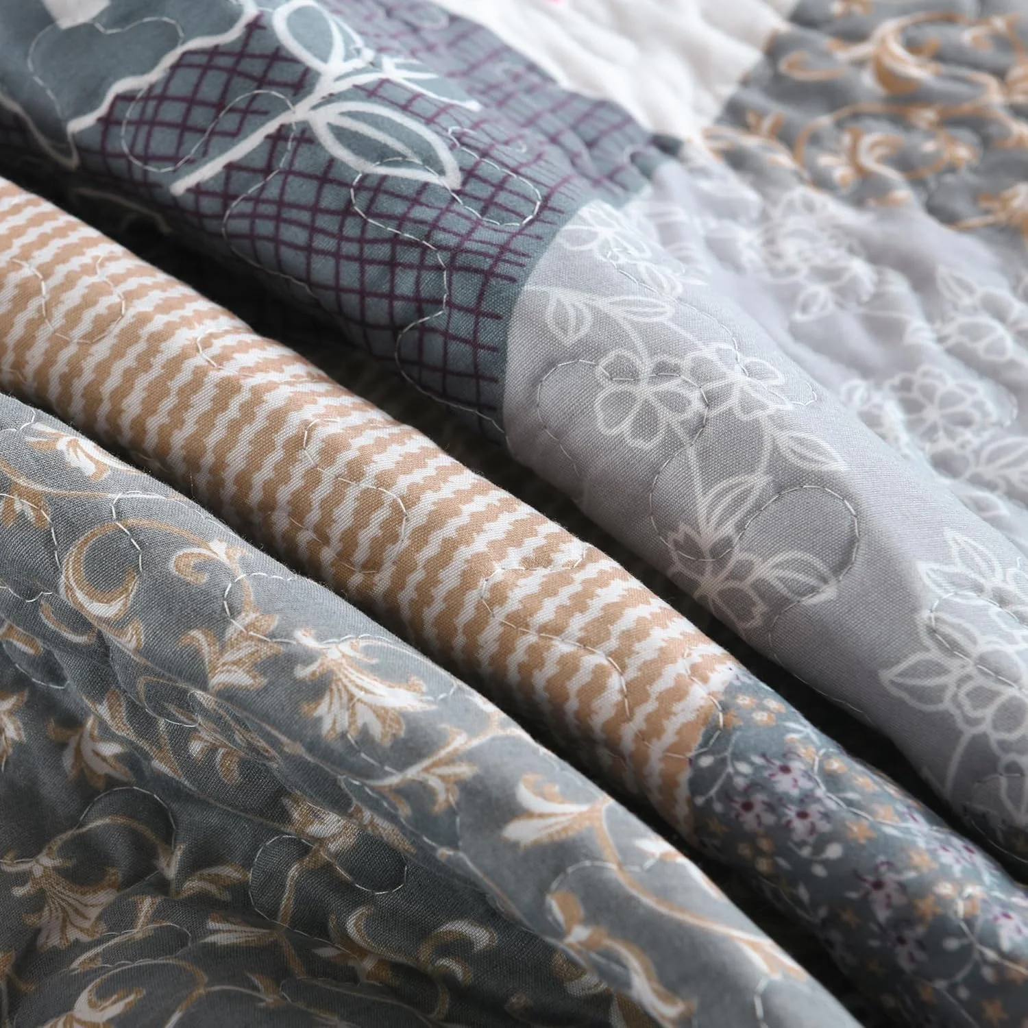 ست لحاف HoneiLife سایز کینگ - ست روتختی 3 تکه میکروفیبر دو رو، رو تختی تکه دوزی، ست ملحفه گلدار، لحاف چهار فصل - رز خاکستری