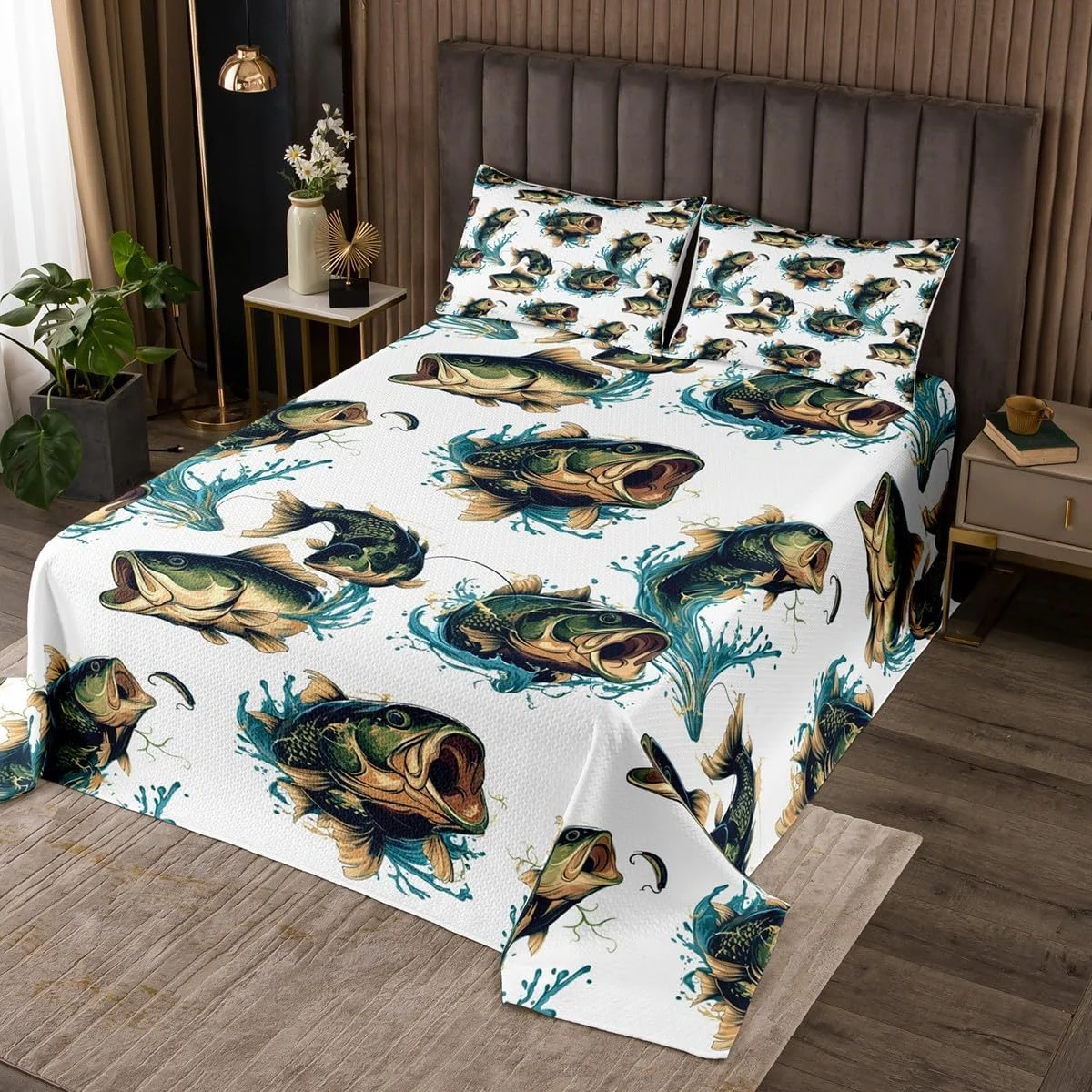 ست روتختی طرح ماهی پایک Homemissing، یک نفره، طرح ماهی باس بزرگ، مناسب برای اتاق خواب پسران و دختران، ماهیگیری و شکار، مرد ماهیگیر، قلاب ماهی، روتختی لحافی سبز