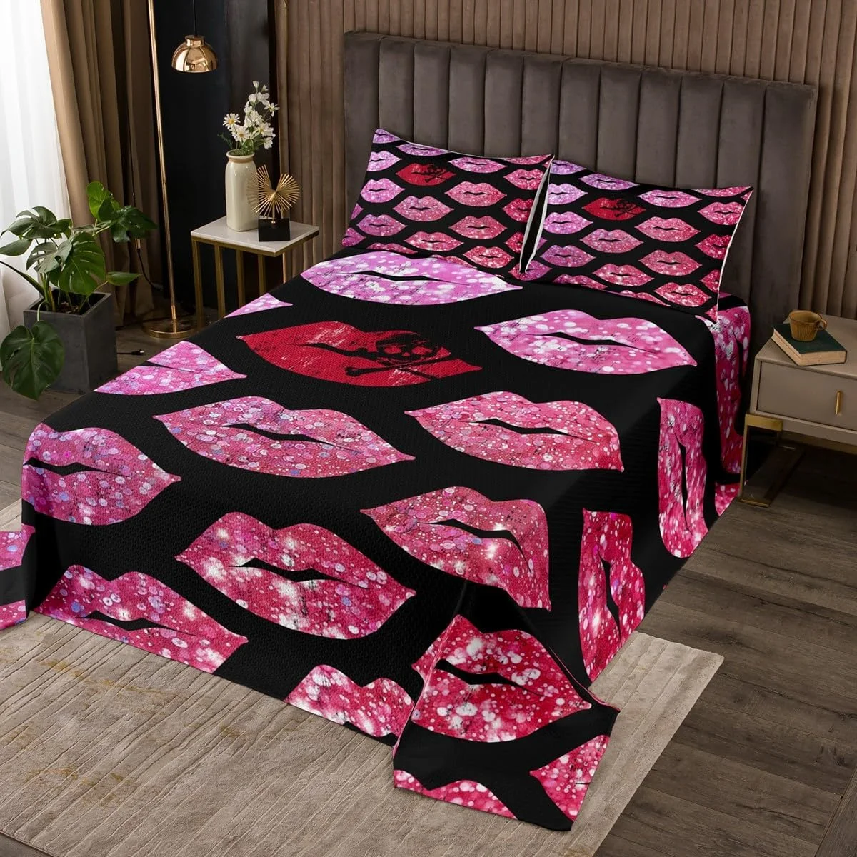 ست روتختی یک نفره Homemissing طرح لب، روتختی طرح لب قرمز، روتختی لحافی اکلیلی، روتختی لحافی نوجوانان و کودکان، روتختی لحافی رمانتیک همراه با 1 عدد روبالشتی