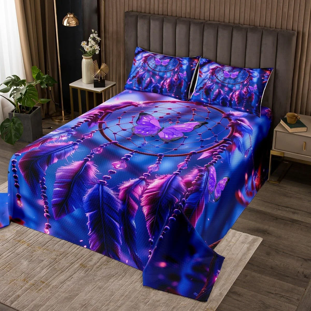 روتختی دو نفره به سبک بوهو طرح دریم کچر Homemissing، لحاف شیک و لوکس، روتختی بوهو با طرح دریم کچر، روتختی هندی هیپی با طرح پر مناسب اتاق نشیمن