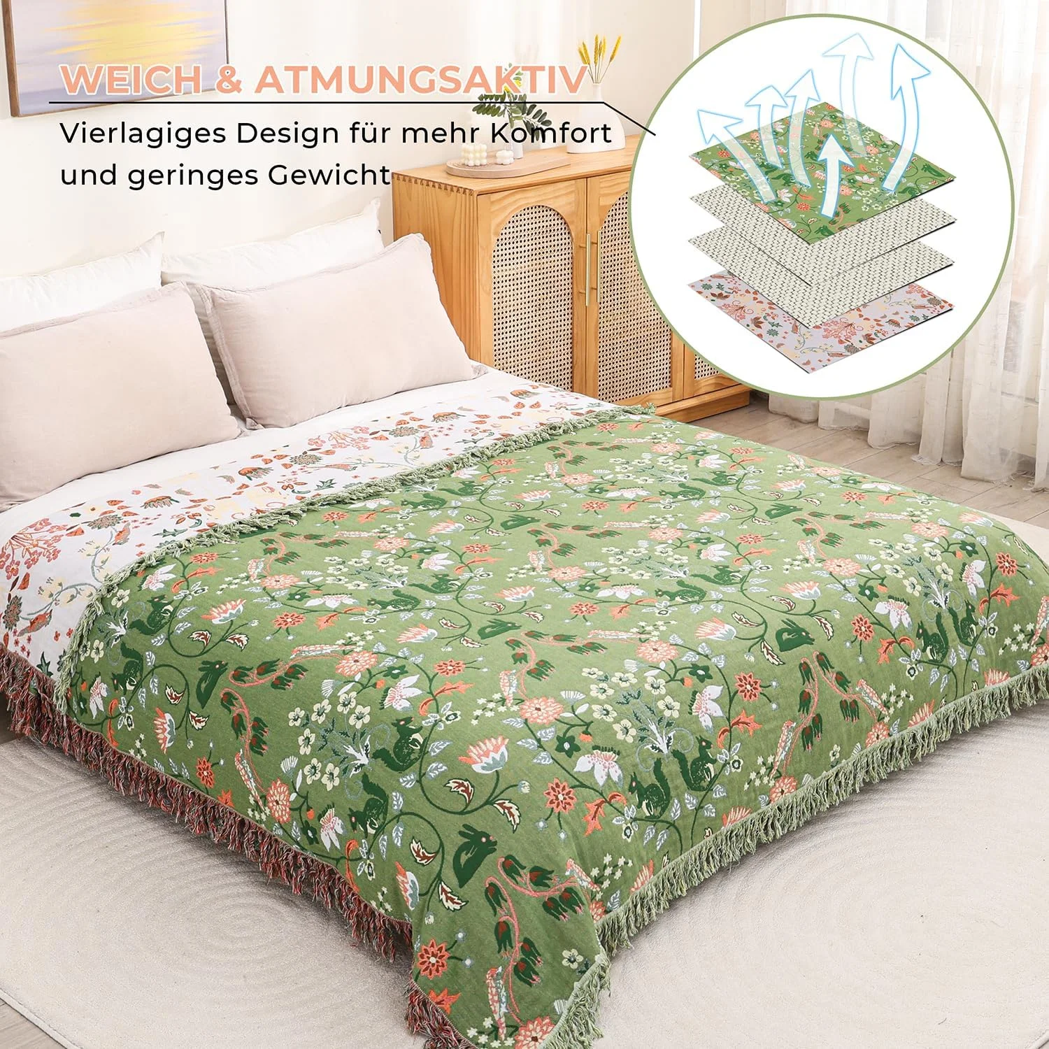 رو تختی دو طرفه نخی HOORDRY، سایز 200 در 230 سانتی متر، طرح سنجاب، پتوی تلویزیون، پتوی مبل، پتوی صندلی راحتی، روتختی، پتوی برگشت پذیر، رنگ سبز/سفید، نرم، لطیف و شیک