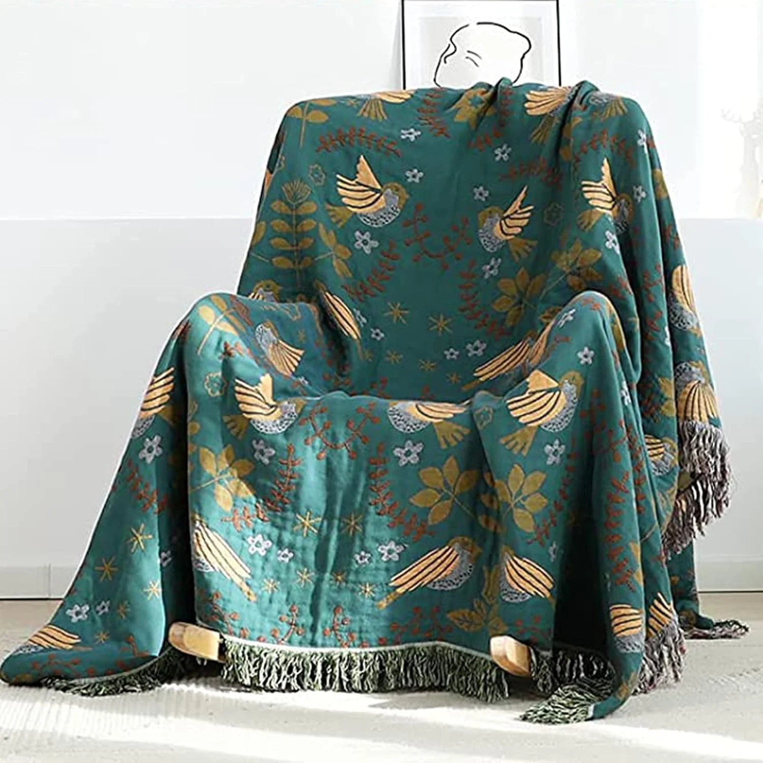 روتختی دو طرفه بوهو HOORDRY، آبی/بژ، پتوی نرم و لطیف با ریشه، روتختی نخی، 150 x 200 سانتی متر، پتوی بافتنی، طرح دار، پتوی مبل، پتوی صندلی، پتوی برگشت پذیر برای تلویزیون یا چرت زدن