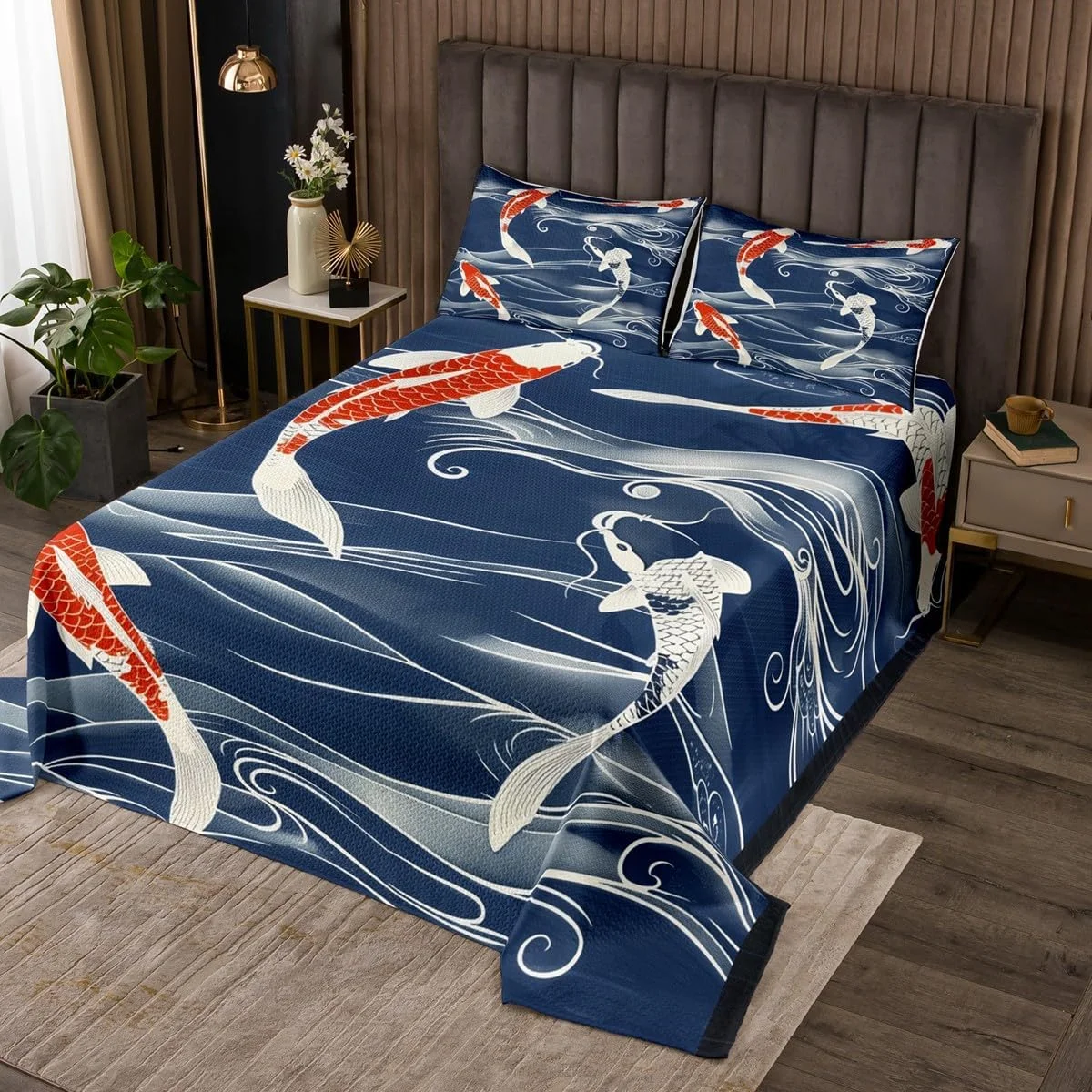 روتختی لحافی طرح ماهی کوی Homemissing Kids، سایز دونفره، مناسب پسران و دختران، طرح موج ژاپنی، ست روتختی لحافی طرح ماهی به سبک ژاپنی