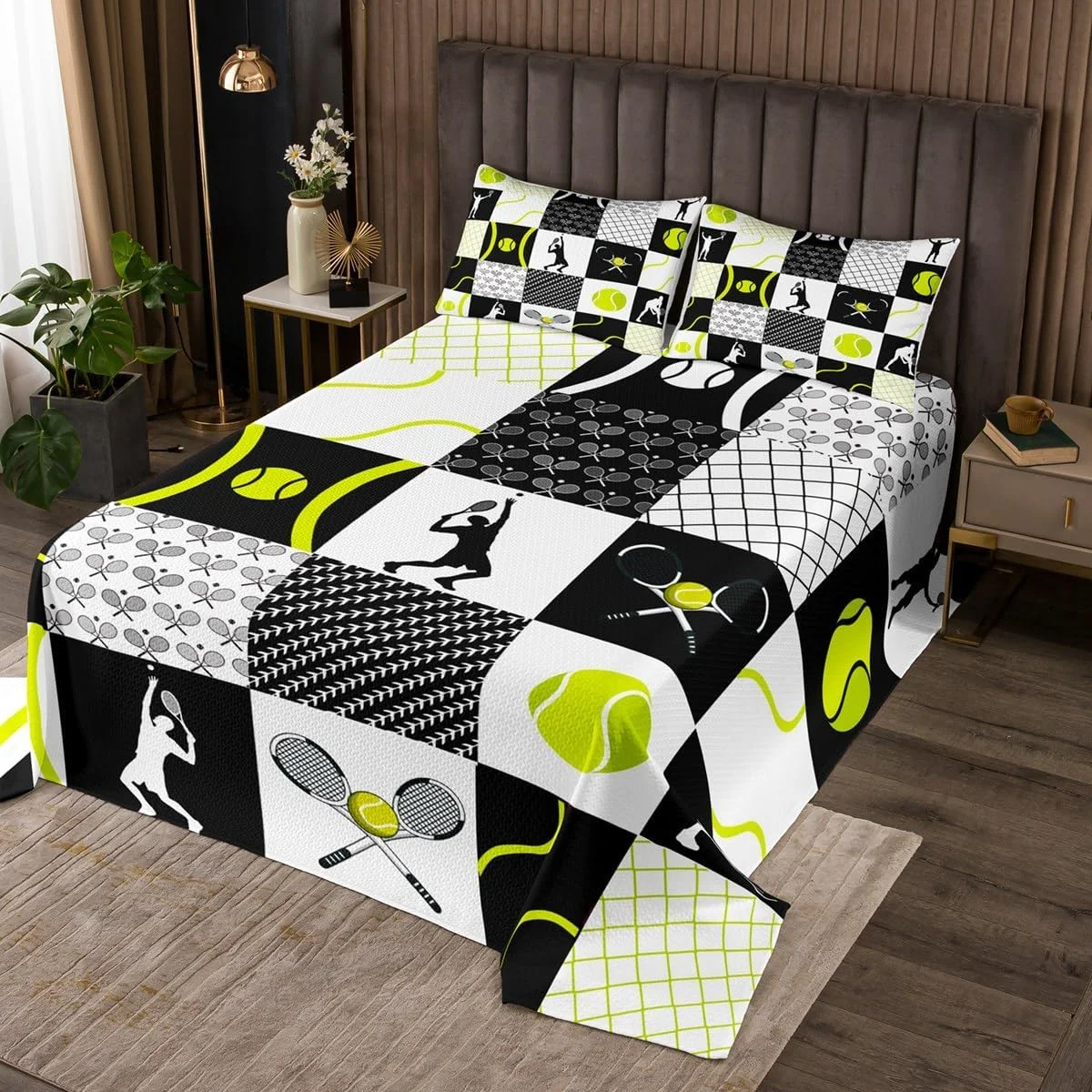 روتختی تنیس کودکانه Homemissing طرح بازی ورزشی، سایز ۱۷۰ در ۲۱۰ سانتی متر مناسب پسران و دختران، لحاف بازی تنیس، پتوی چهارخانه زرد سفید مشکی