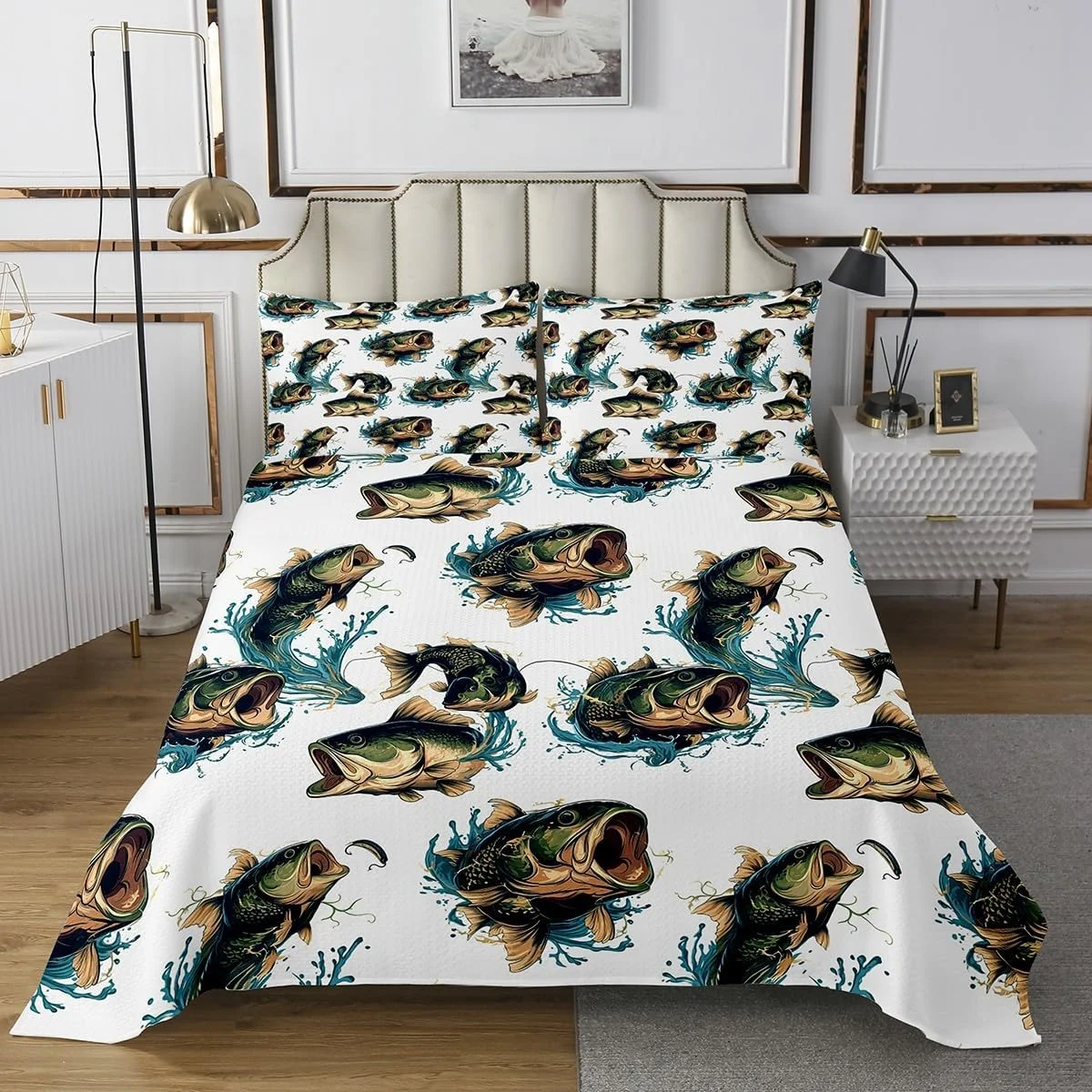 ست روتختی طرح ماهی پایک Homemissing، یک نفره، طرح ماهی باس بزرگ، مناسب برای اتاق خواب پسران و دختران، ماهیگیری و شکار، مرد ماهیگیر، قلاب ماهی، روتختی لحافی سبز