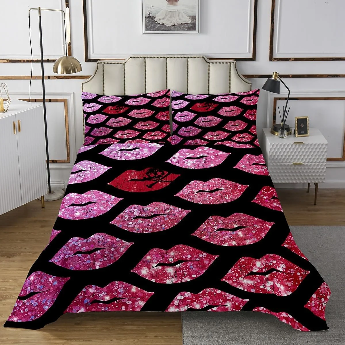 ست روتختی یک نفره Homemissing طرح لب، روتختی طرح لب قرمز، روتختی لحافی اکلیلی، روتختی لحافی نوجوانان و کودکان، روتختی لحافی رمانتیک همراه با 1 عدد روبالشتی