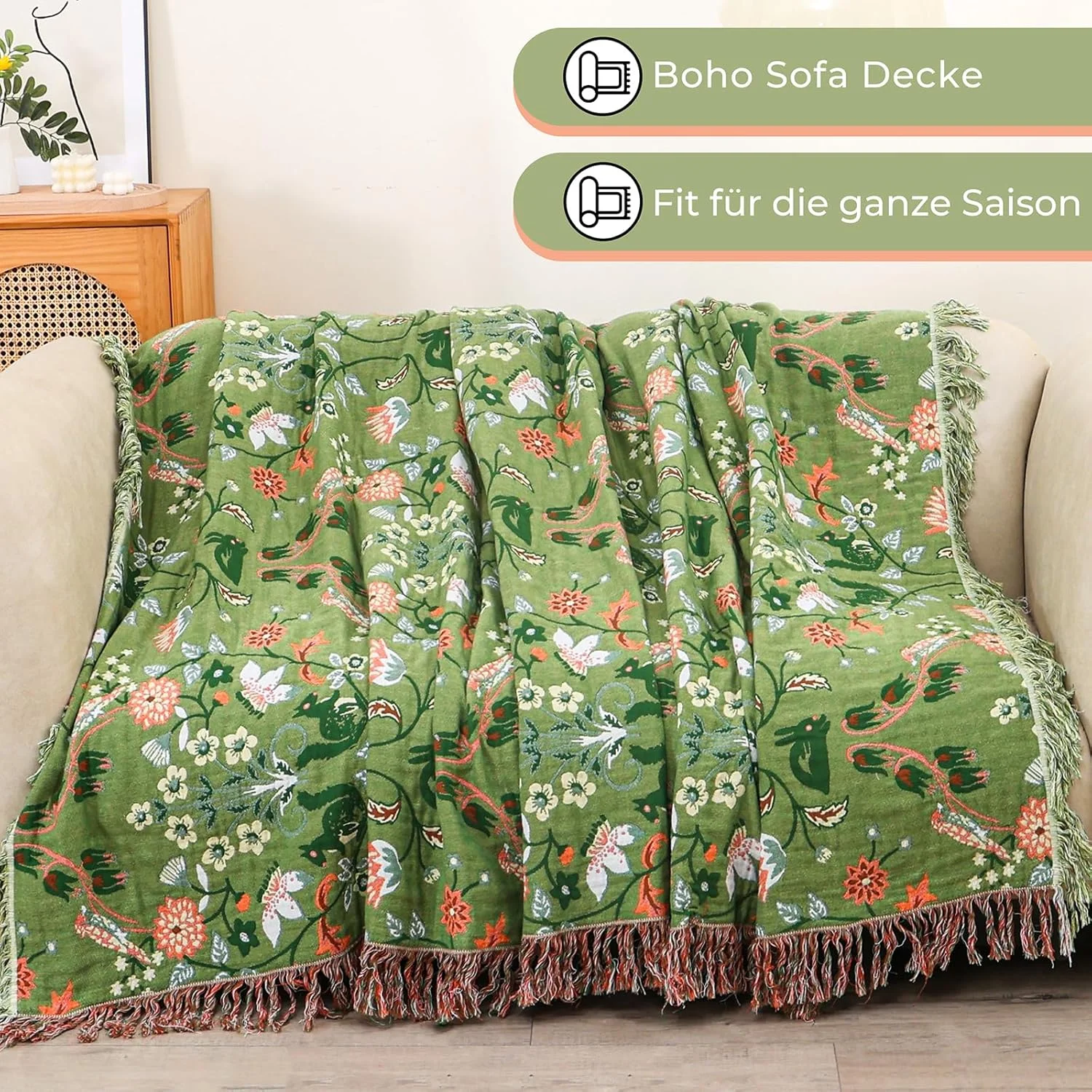 رو تختی دو طرفه نخی HOORDRY، سایز 200 در 230 سانتی متر، طرح سنجاب، پتوی تلویزیون، پتوی مبل، پتوی صندلی راحتی، روتختی، پتوی برگشت پذیر، رنگ سبز/سفید، نرم، لطیف و شیک