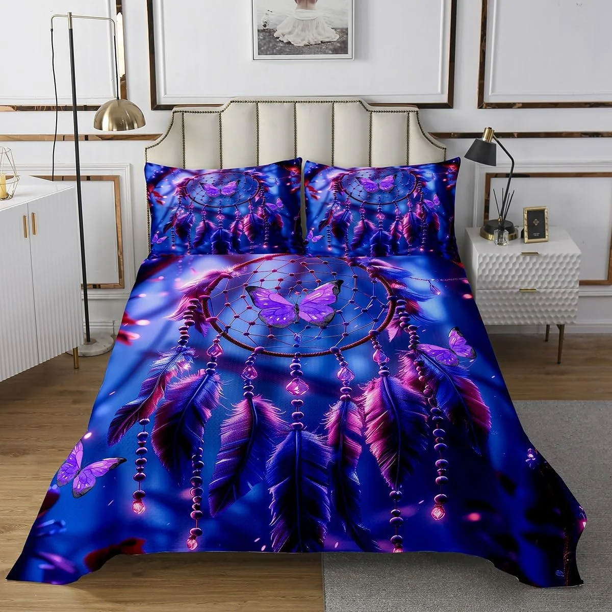 روتختی دو نفره به سبک بوهو طرح دریم کچر Homemissing، لحاف شیک و لوکس، روتختی بوهو با طرح دریم کچر، روتختی هندی هیپی با طرح پر مناسب اتاق نشیمن