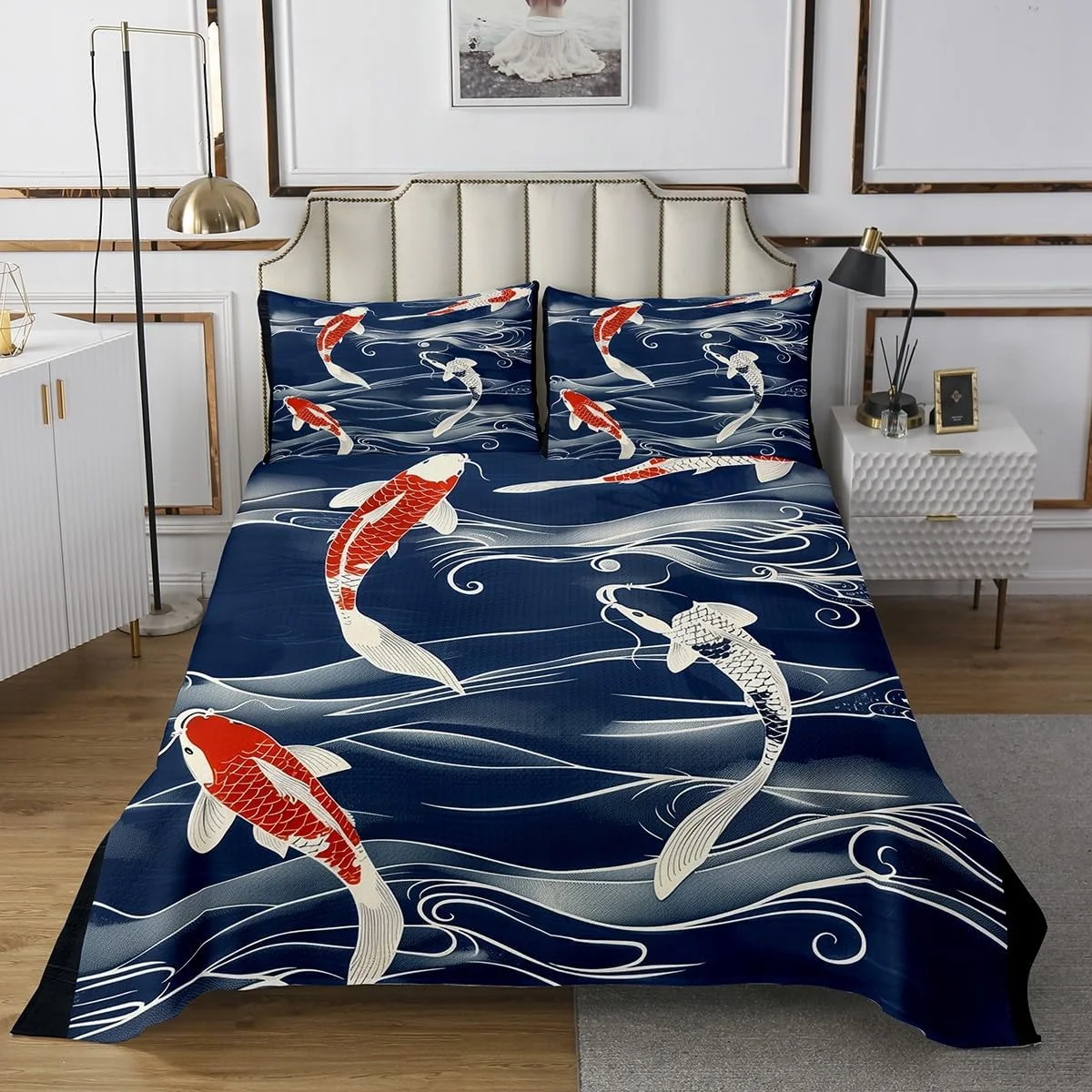 روتختی لحافی طرح ماهی کوی Homemissing Kids، سایز دونفره، مناسب پسران و دختران، طرح موج ژاپنی، ست روتختی لحافی طرح ماهی به سبک ژاپنی