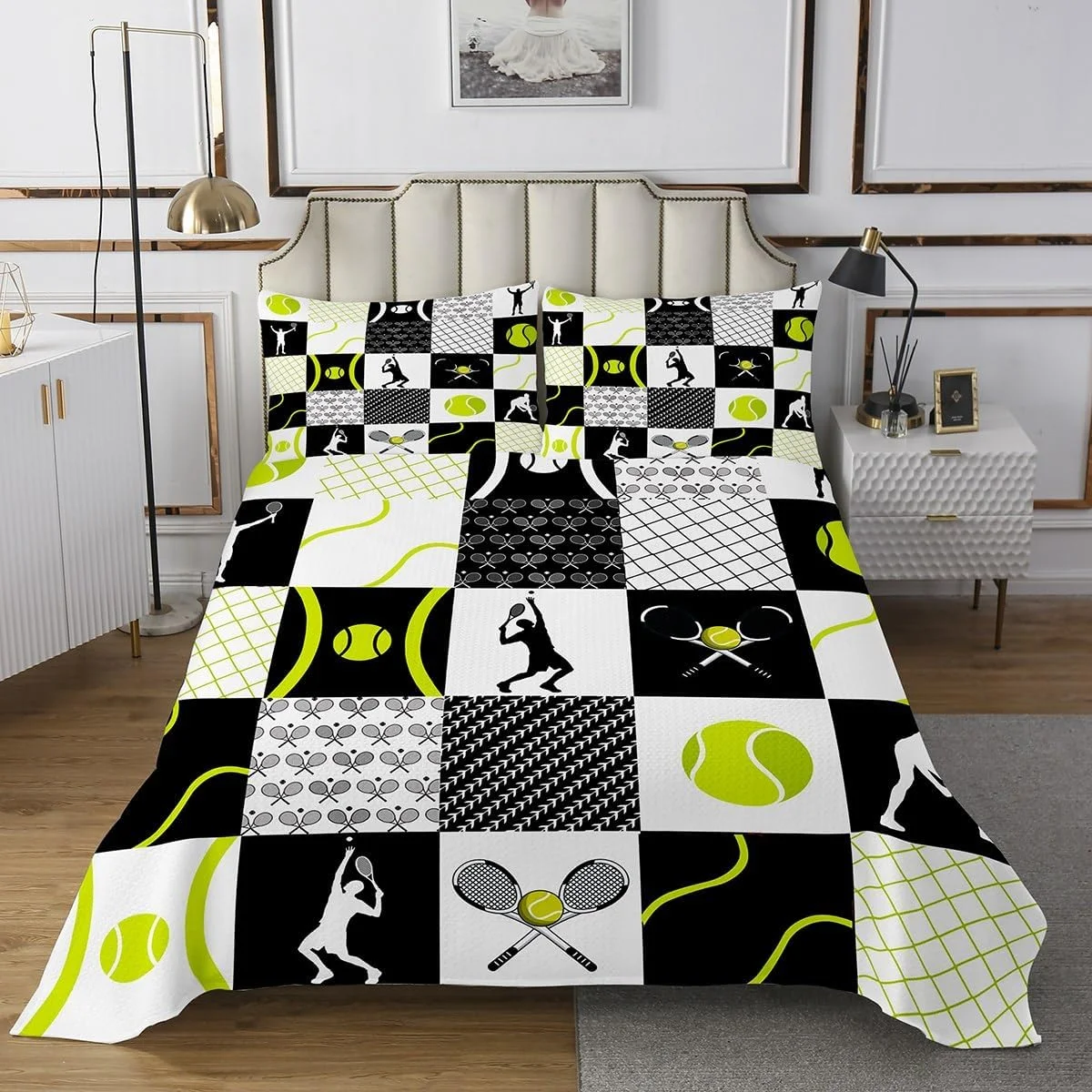 روتختی تنیس کودکانه Homemissing طرح بازی ورزشی، سایز ۱۷۰ در ۲۱۰ سانتی متر مناسب پسران و دختران، لحاف بازی تنیس، پتوی چهارخانه زرد سفید مشکی