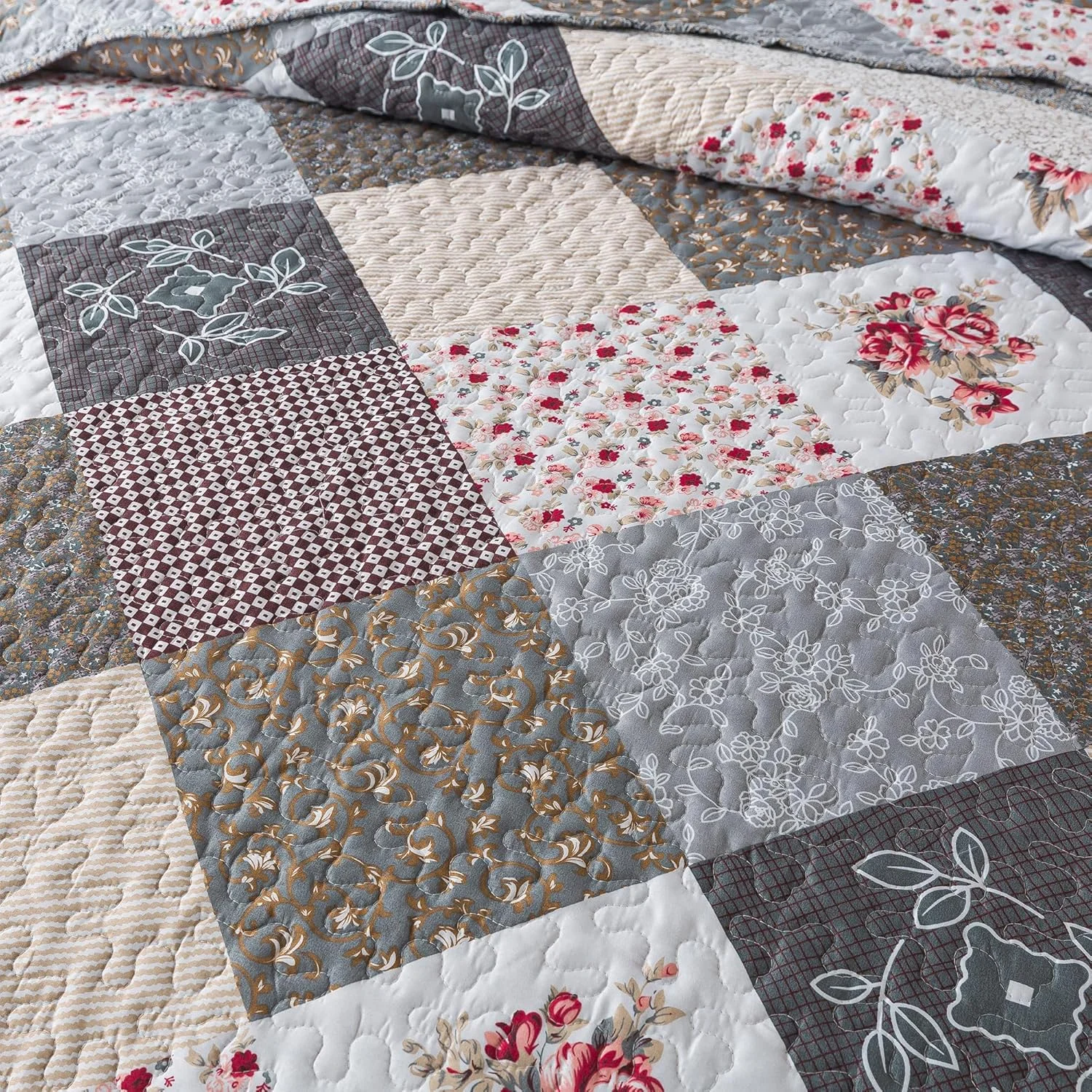 ست لحاف HoneiLife سایز کینگ - ست روتختی 3 تکه میکروفیبر دو رو، رو تختی تکه دوزی، ست ملحفه گلدار، لحاف چهار فصل - رز خاکستری