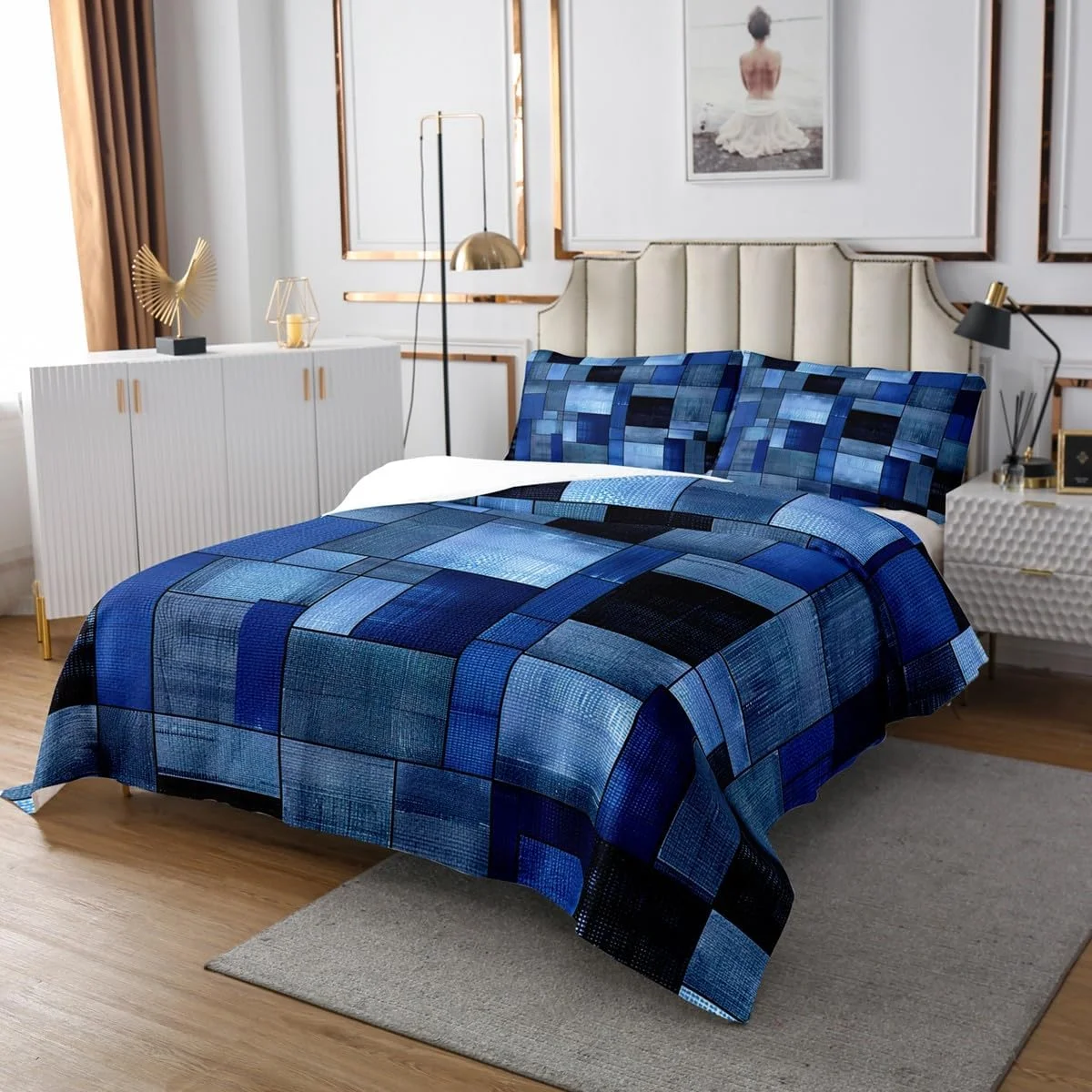 روتختی هندسی Homemissing تک نفره، لحاف لوکس برای پسران، دختران، نوجوانان، ست روتختی هنر مدرن، دکوراسیون اتاق لحافی آبی زنده