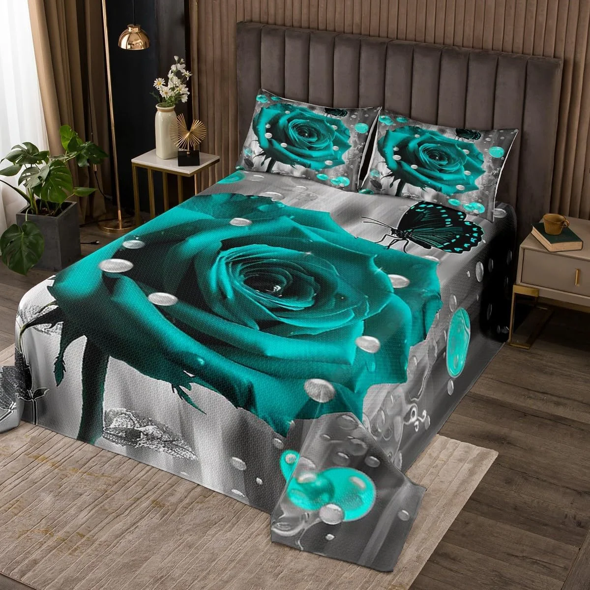 روتختی سه بعدی گل رز Homemissing Kids، سایز کینگ، طرح پروانه، مناسب پسران و دختران، طرح گل رز با قطره های شبنم، طرح رمانتیک گلدار