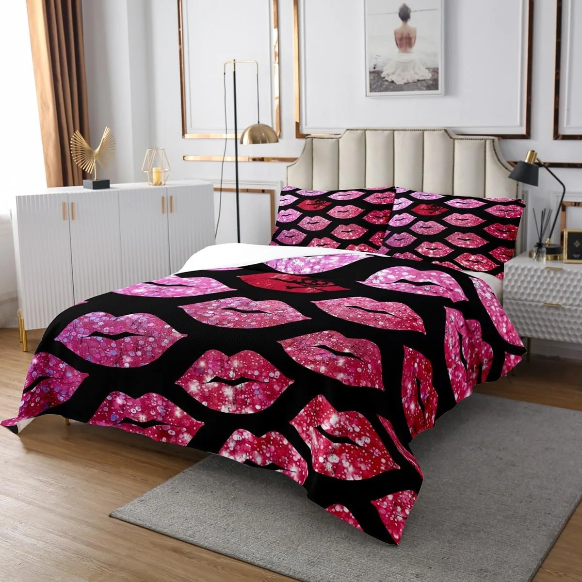 ست روتختی یک نفره Homemissing طرح لب، روتختی طرح لب قرمز، روتختی لحافی اکلیلی، روتختی لحافی نوجوانان و کودکان، روتختی لحافی رمانتیک همراه با 1 عدد روبالشتی