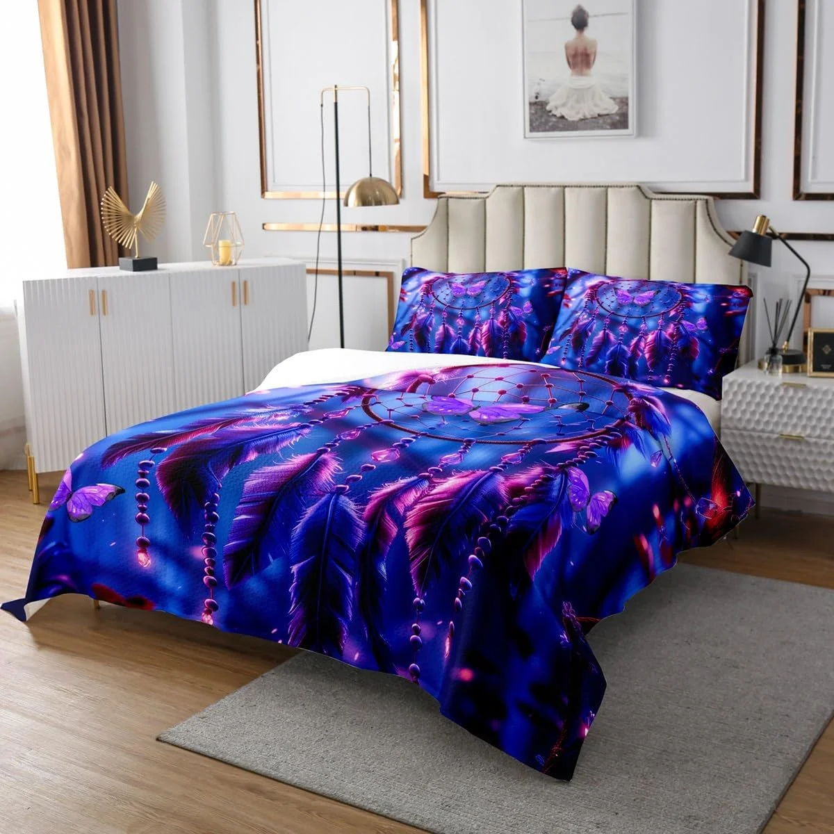 روتختی دو نفره به سبک بوهو طرح دریم کچر Homemissing، لحاف شیک و لوکس، روتختی بوهو با طرح دریم کچر، روتختی هندی هیپی با طرح پر مناسب اتاق نشیمن