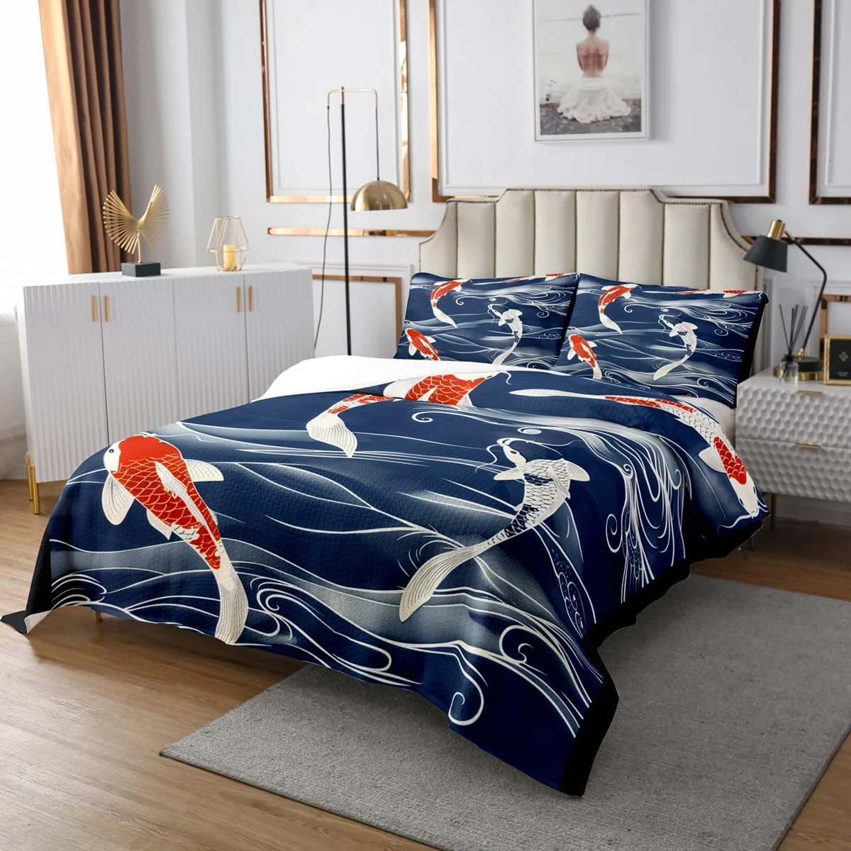 روتختی لحافی طرح ماهی کوی Homemissing Kids، سایز دونفره، مناسب پسران و دختران، طرح موج ژاپنی، ست روتختی لحافی طرح ماهی به سبک ژاپنی