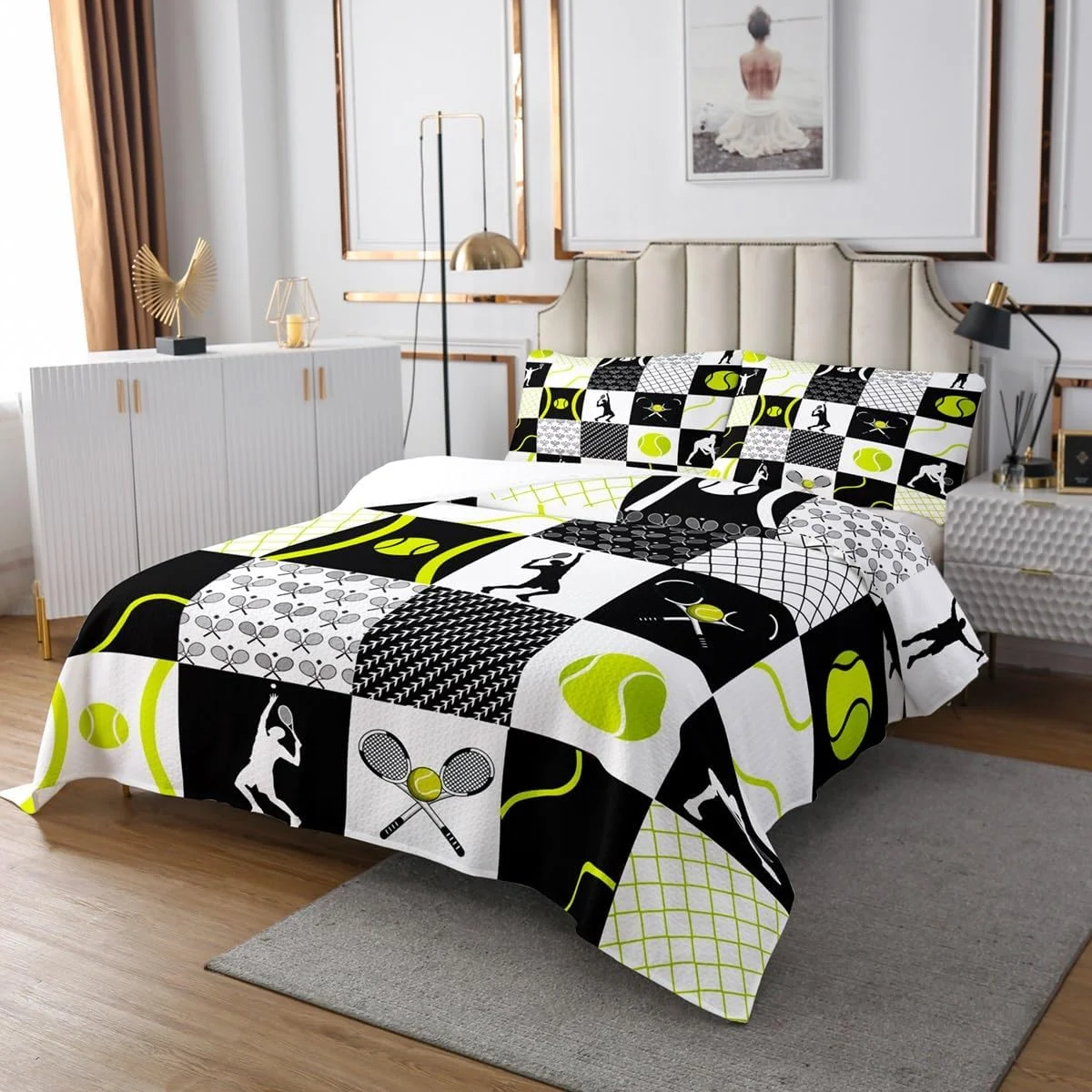 روتختی تنیس کودکانه Homemissing طرح بازی ورزشی، سایز ۱۷۰ در ۲۱۰ سانتی متر مناسب پسران و دختران، لحاف بازی تنیس، پتوی چهارخانه زرد سفید مشکی