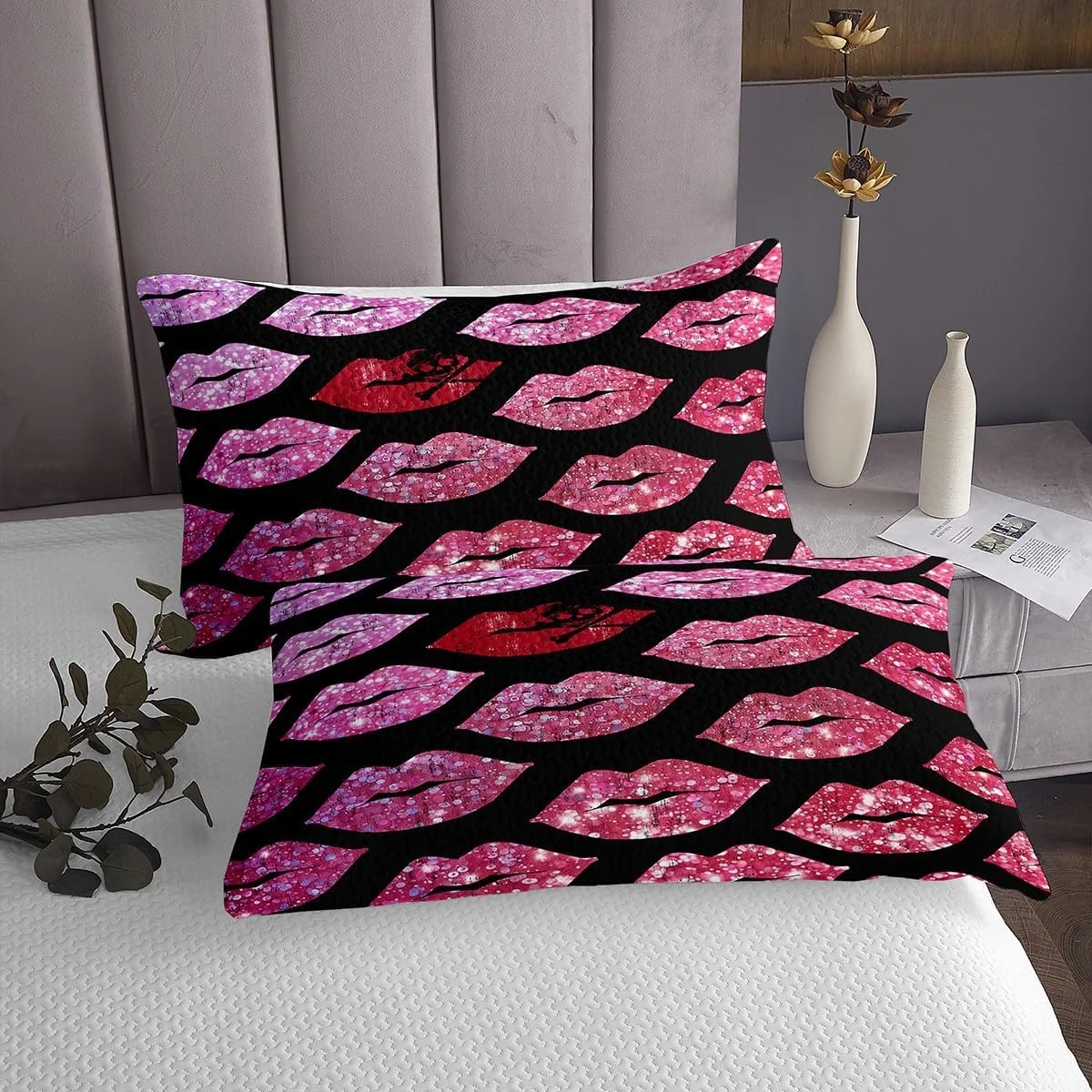 ست روتختی یک نفره Homemissing طرح لب، روتختی طرح لب قرمز، روتختی لحافی اکلیلی، روتختی لحافی نوجوانان و کودکان، روتختی لحافی رمانتیک همراه با 1 عدد روبالشتی