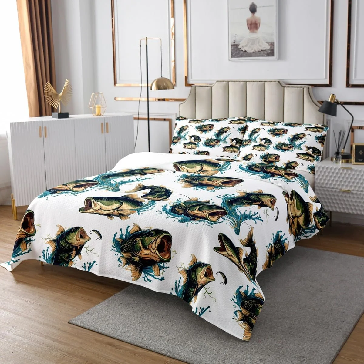 ست روتختی طرح ماهی پایک Homemissing، یک نفره، طرح ماهی باس بزرگ، مناسب برای اتاق خواب پسران و دختران، ماهیگیری و شکار، مرد ماهیگیر، قلاب ماهی، روتختی لحافی سبز