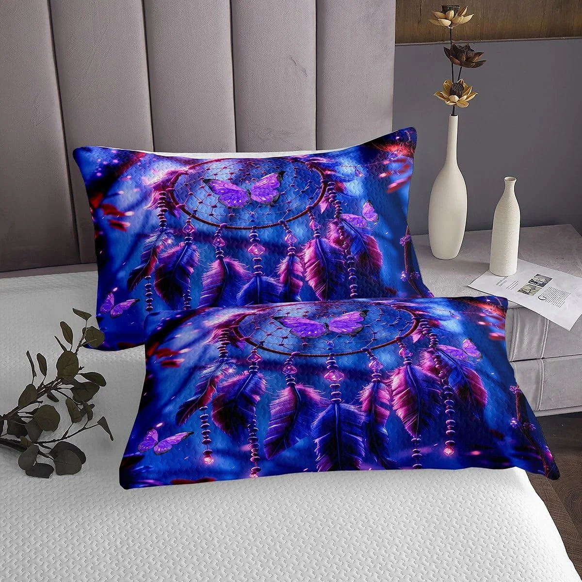 روتختی دو نفره به سبک بوهو طرح دریم کچر Homemissing، لحاف شیک و لوکس، روتختی بوهو با طرح دریم کچر، روتختی هندی هیپی با طرح پر مناسب اتاق نشیمن