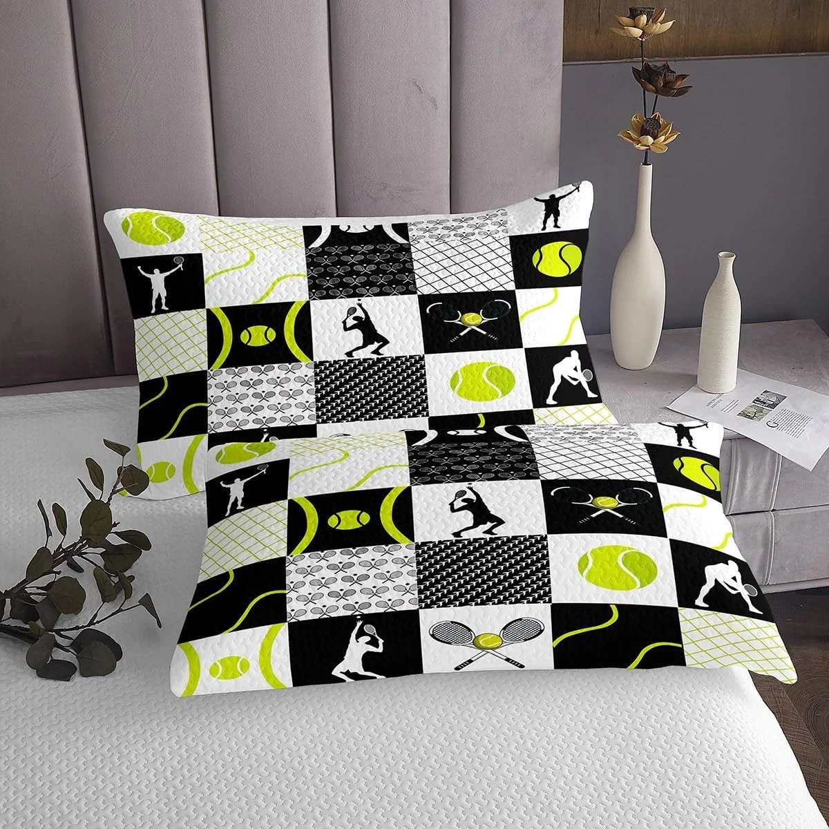 روتختی تنیس کودکانه Homemissing طرح بازی ورزشی، سایز ۱۷۰ در ۲۱۰ سانتی متر مناسب پسران و دختران، لحاف بازی تنیس، پتوی چهارخانه زرد سفید مشکی