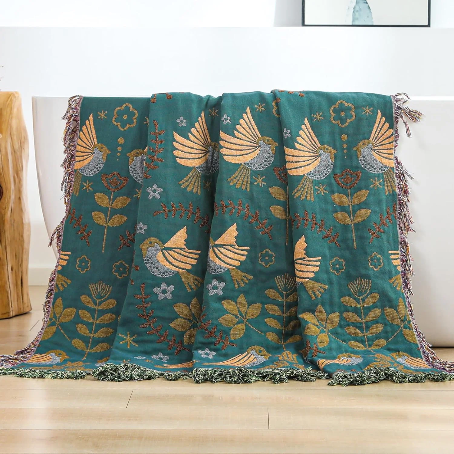 روتختی دو طرفه بوهو HOORDRY، آبی/بژ، پتوی نرم و لطیف با ریشه، روتختی نخی، 150 x 200 سانتی متر، پتوی بافتنی، طرح دار، پتوی مبل، پتوی صندلی، پتوی برگشت پذیر برای تلویزیون یا چرت زدن