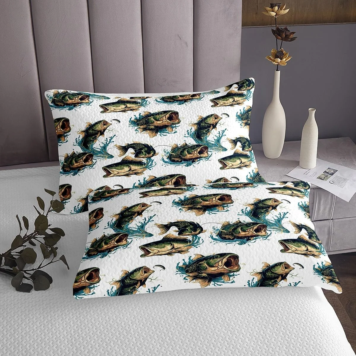 ست روتختی طرح ماهی پایک Homemissing، یک نفره، طرح ماهی باس بزرگ، مناسب برای اتاق خواب پسران و دختران، ماهیگیری و شکار، مرد ماهیگیر، قلاب ماهی، روتختی لحافی سبز
