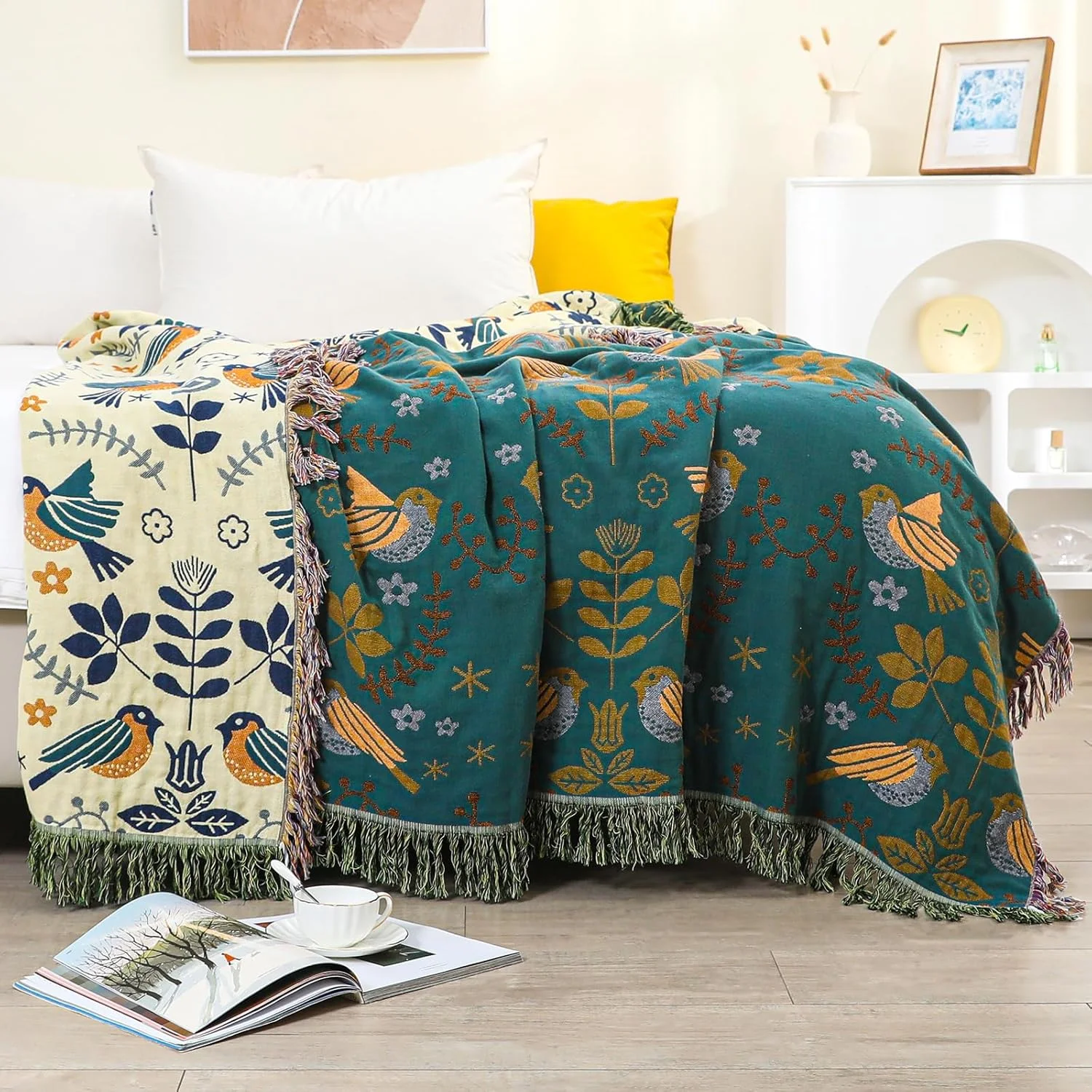 روتختی دو طرفه بوهو HOORDRY، آبی/بژ، پتوی نرم و لطیف با ریشه، روتختی نخی، 150 x 200 سانتی متر، پتوی بافتنی، طرح دار، پتوی مبل، پتوی صندلی، پتوی برگشت پذیر برای تلویزیون یا چرت زدن