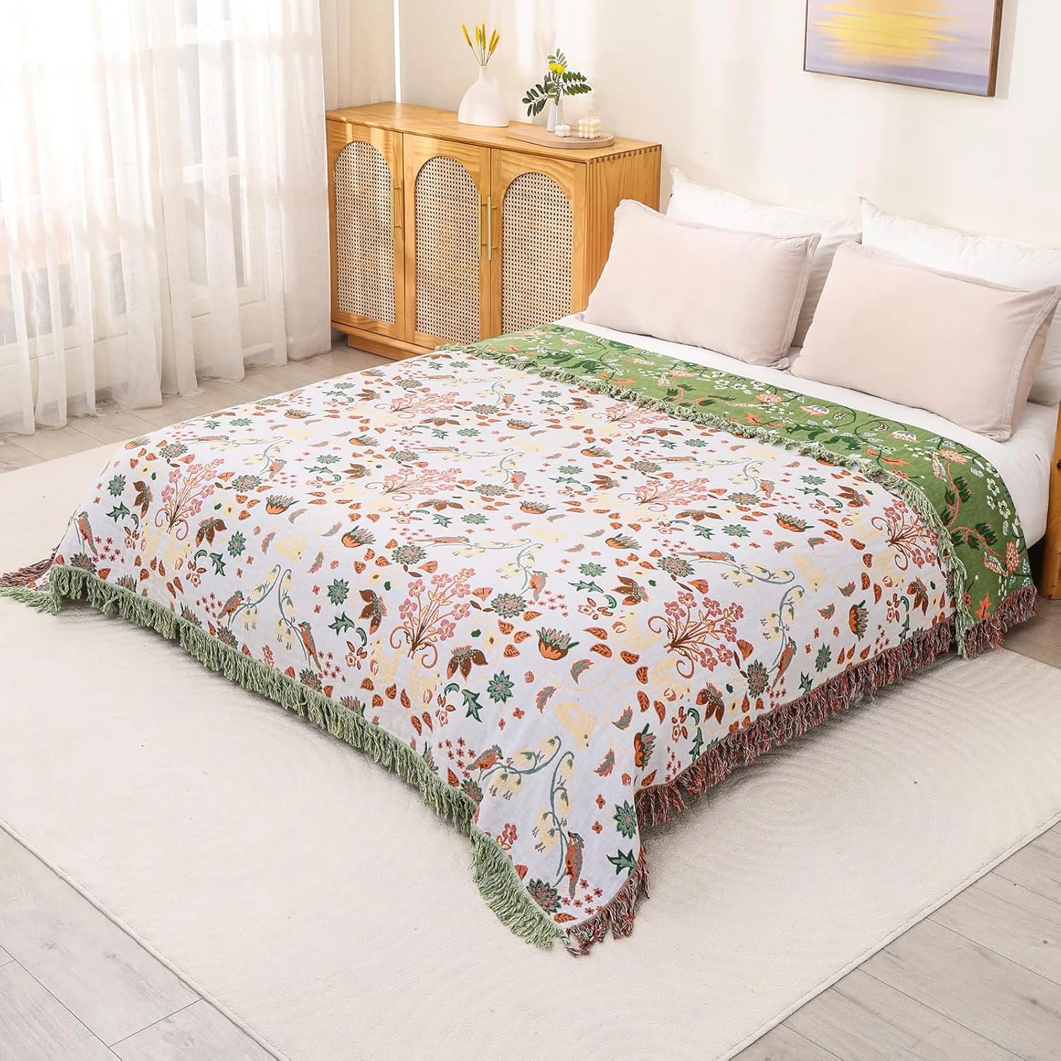 رو تختی دو طرفه نخی HOORDRY، سایز 200 در 230 سانتی متر، طرح سنجاب، پتوی تلویزیون، پتوی مبل، پتوی صندلی راحتی، روتختی، پتوی برگشت پذیر، رنگ سبز/سفید، نرم، لطیف و شیک