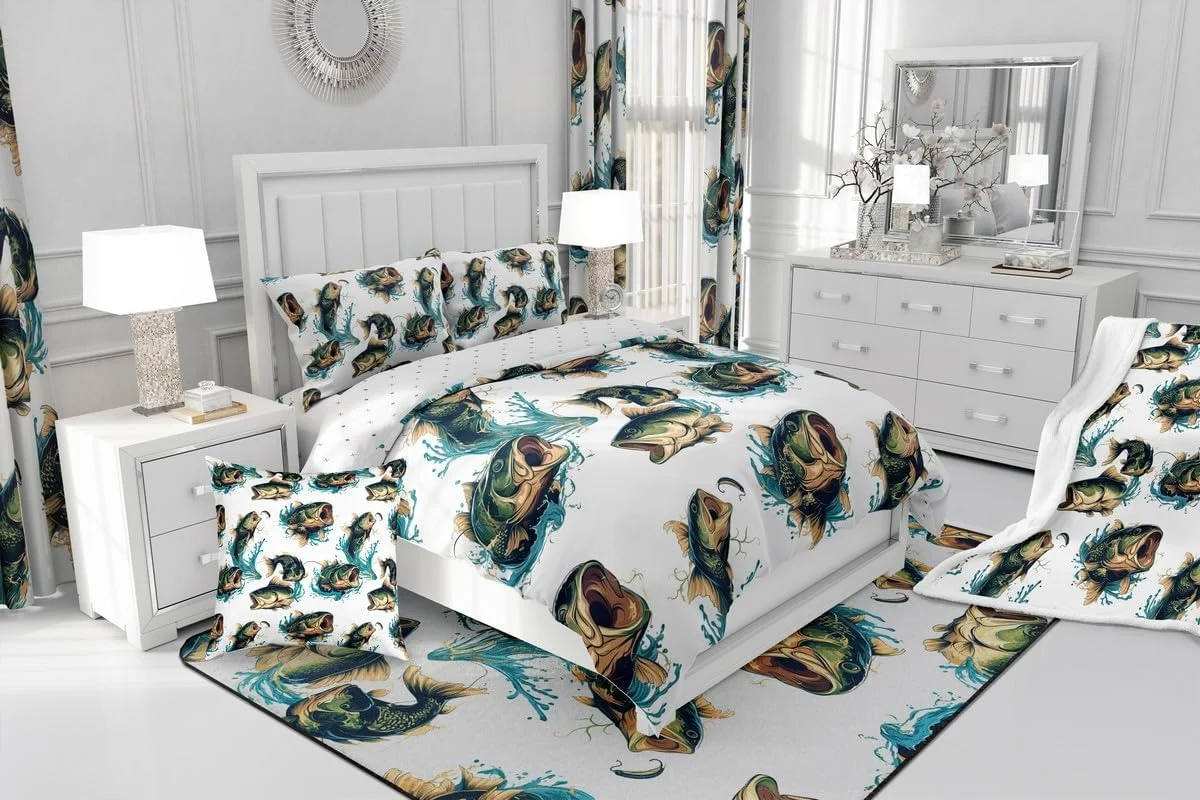 ست روتختی طرح ماهی پایک Homemissing، یک نفره، طرح ماهی باس بزرگ، مناسب برای اتاق خواب پسران و دختران، ماهیگیری و شکار، مرد ماهیگیر، قلاب ماهی، روتختی لحافی سبز