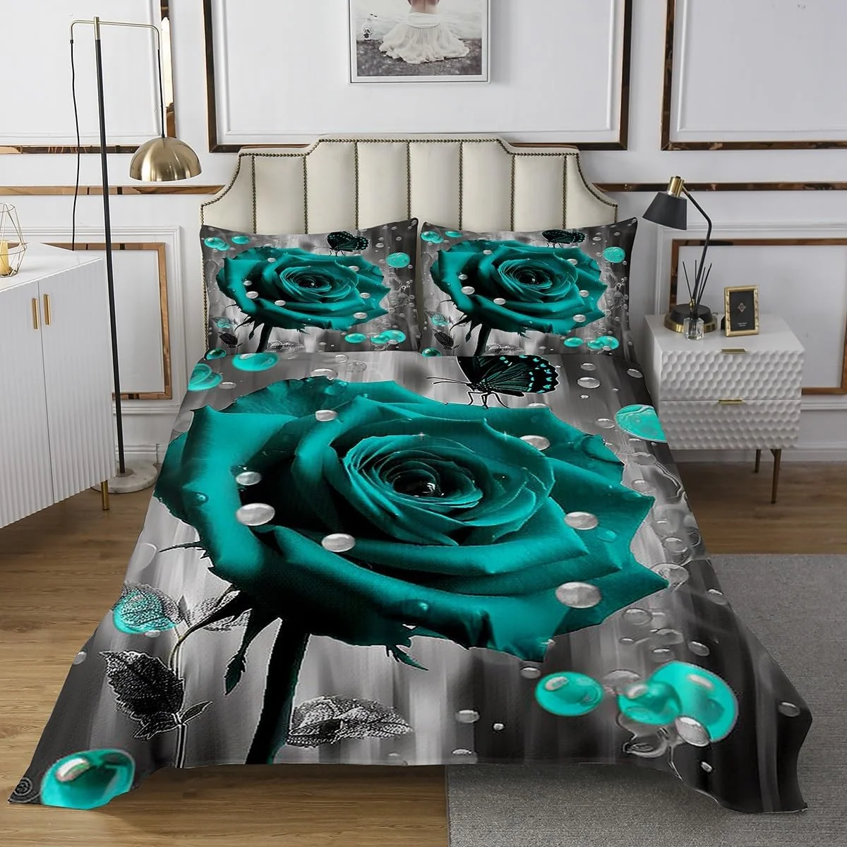 روتختی سه بعدی گل رز Homemissing Kids، سایز کینگ، طرح پروانه، مناسب پسران و دختران، طرح گل رز با قطره های شبنم، طرح رمانتیک گلدار